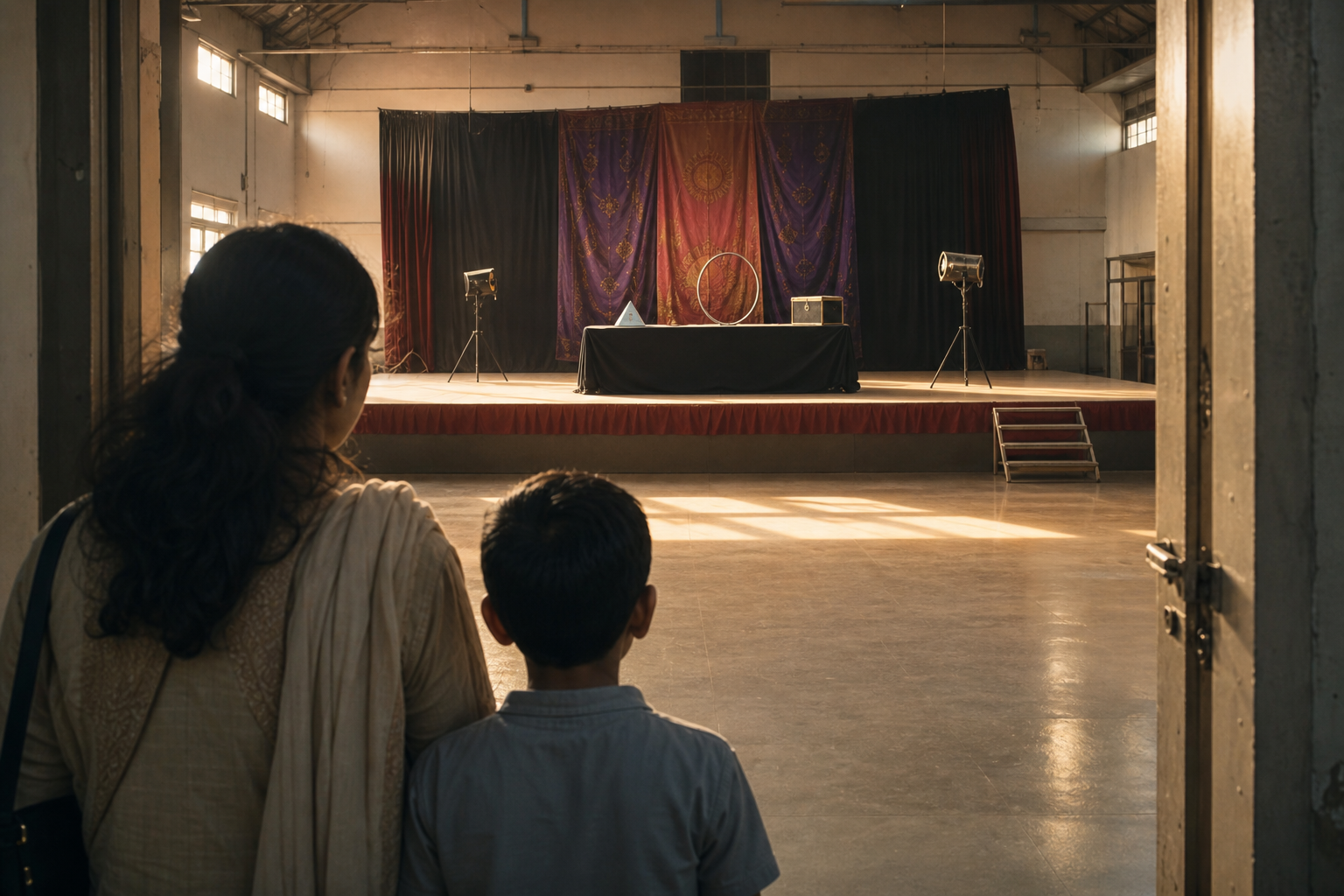 A parent and child viewed from behind look into an empty Indian school hall where science apparatus and theatrical performance props remain on a stage.