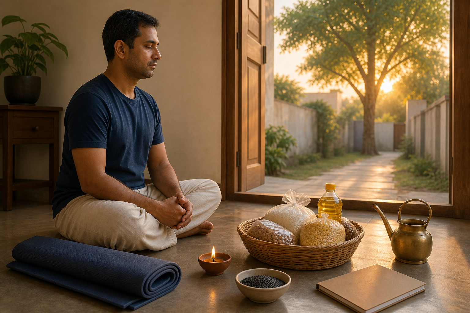 A person sits quietly near an oil lamp with an exercise mat, sesame seeds, a donation basket, and a watering vessel arranged nearby.