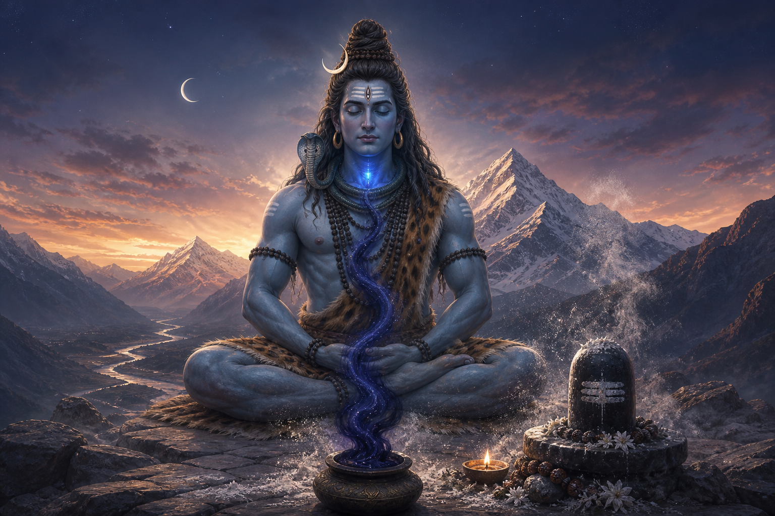 Shiva meditates on a Himalayan ledge with a glowing blue throat as a dark current rises from a vessel and sacred ash drifts around a stone lingam.