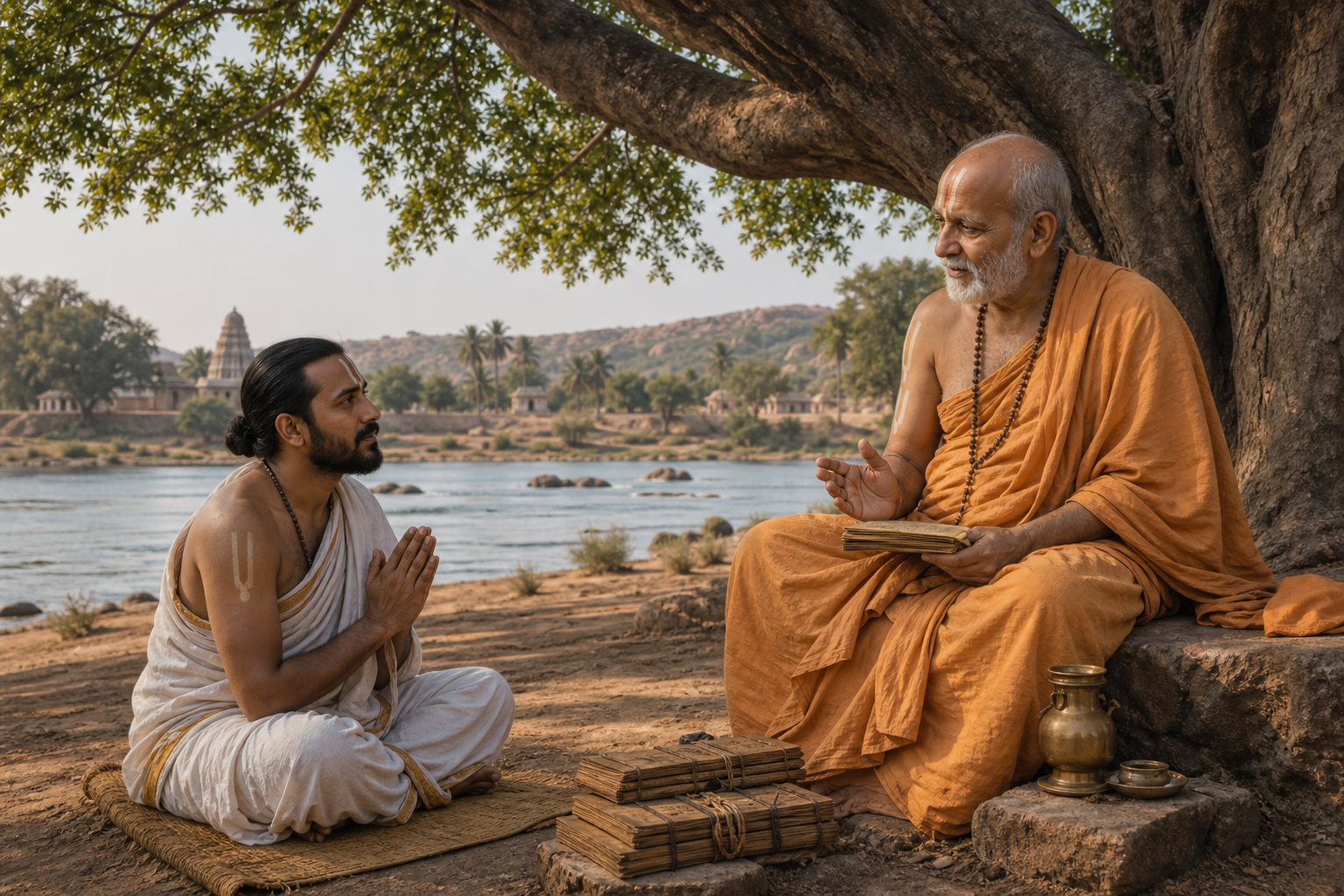 An ochre-robed saint teaches a seated disciple beneath a tree beside the Tungabhadra River.