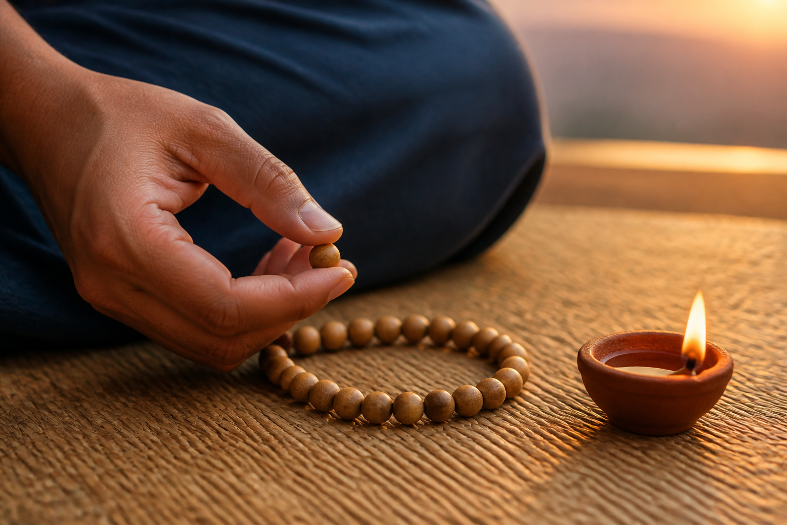 A practitioner's hand holds one wooden prayer bead beside a clay oil lamp on a woven mat.