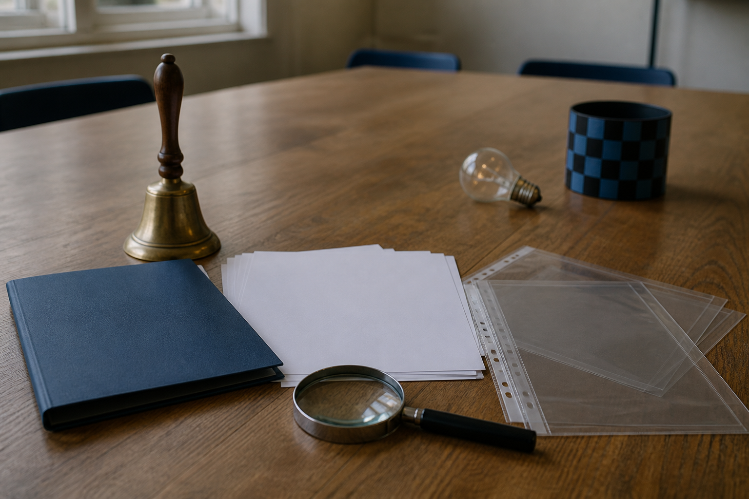 An inquiry table holds an unmarked folder, blank papers, a school bell, a magnifying glass, and performance props arranged between clear and softly focused areas.
