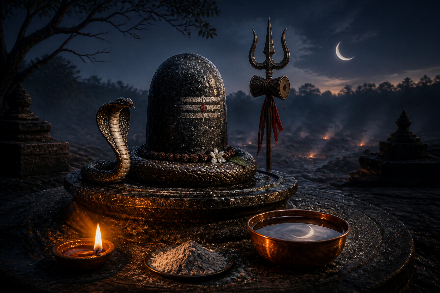 A stone lingam, trident, resting cobra, bowl reflecting a crescent moon, sacred ash, and an oil lamp form a quiet shrine at dawn.
