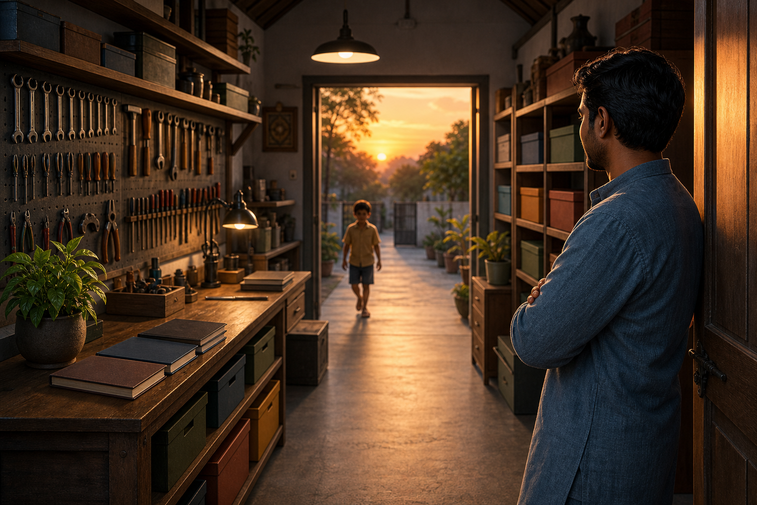 An adult looks back into an organized workshop with repaired tools, blank-covered ledgers, storage boxes, and a clear walkway.