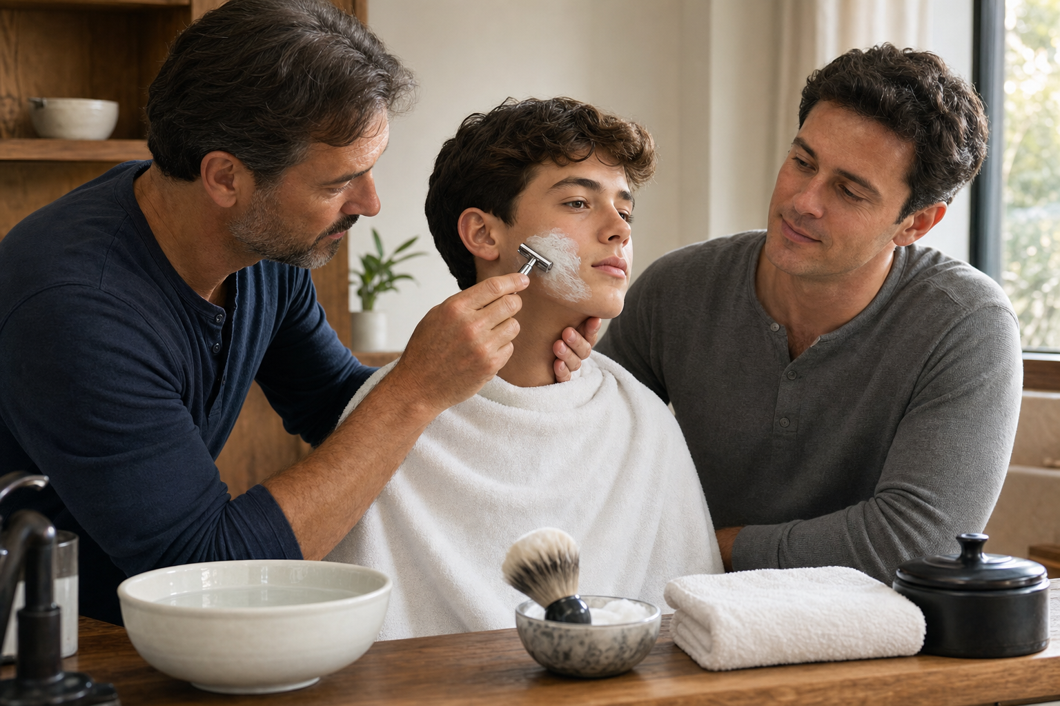 A trusted adult carefully helps an adolescent shave one cheek beside neatly arranged water, lather, and clean towels.
