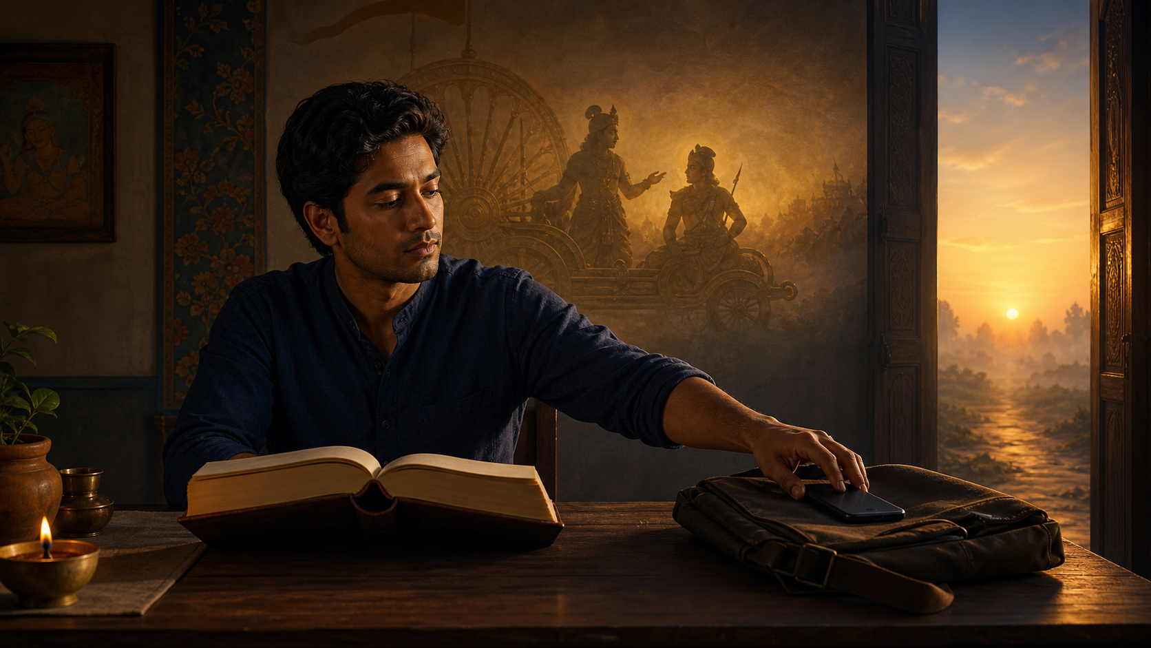A person reflects beside an open sacred book at dawn and reaches toward a work bag and phone, with a subtle chariot scene in the background.