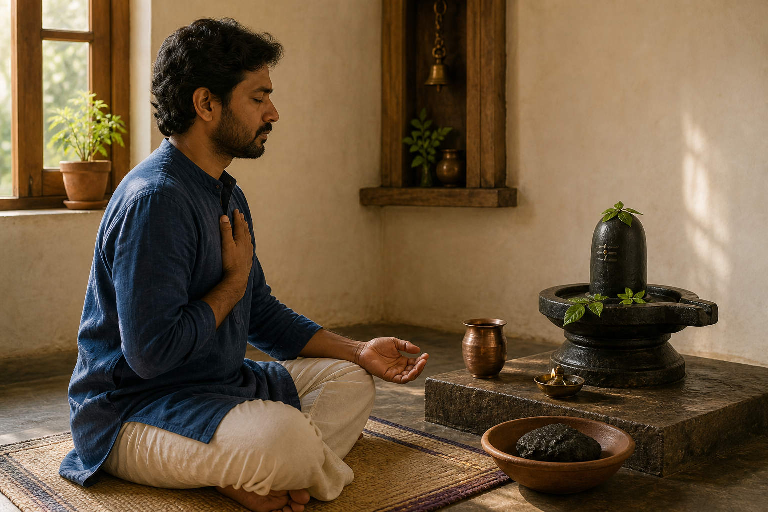 A devotee sits before a small Shiva lingam, holding one hand to the heart beside a bowl containing a dark stone, water, and an oil lamp.