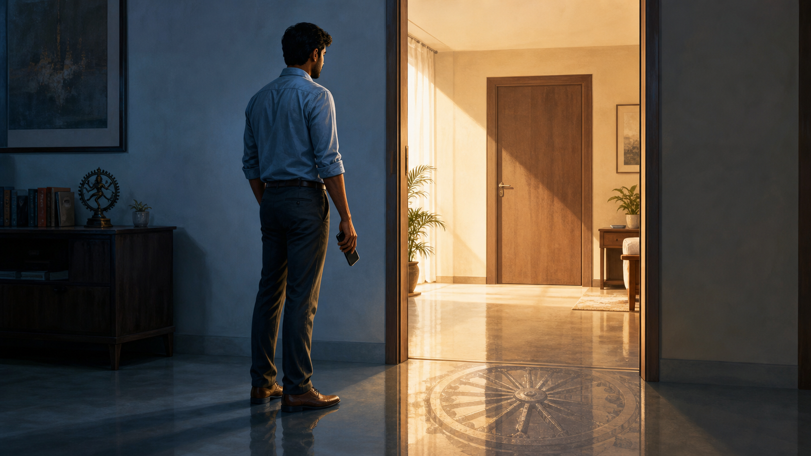 A hesitant person holding a phone stands at a doorway, with a chariot-wheel shape reflected faintly on the floor.