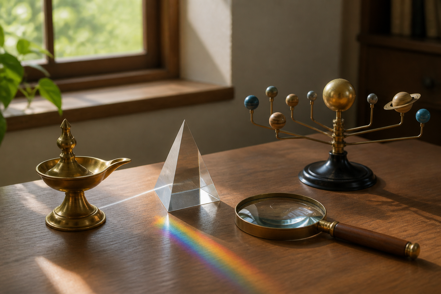 A brass oil lamp sits beside a prism, magnifying lens, and classroom solar-system model as sunlight creates a natural spectrum across the desk.