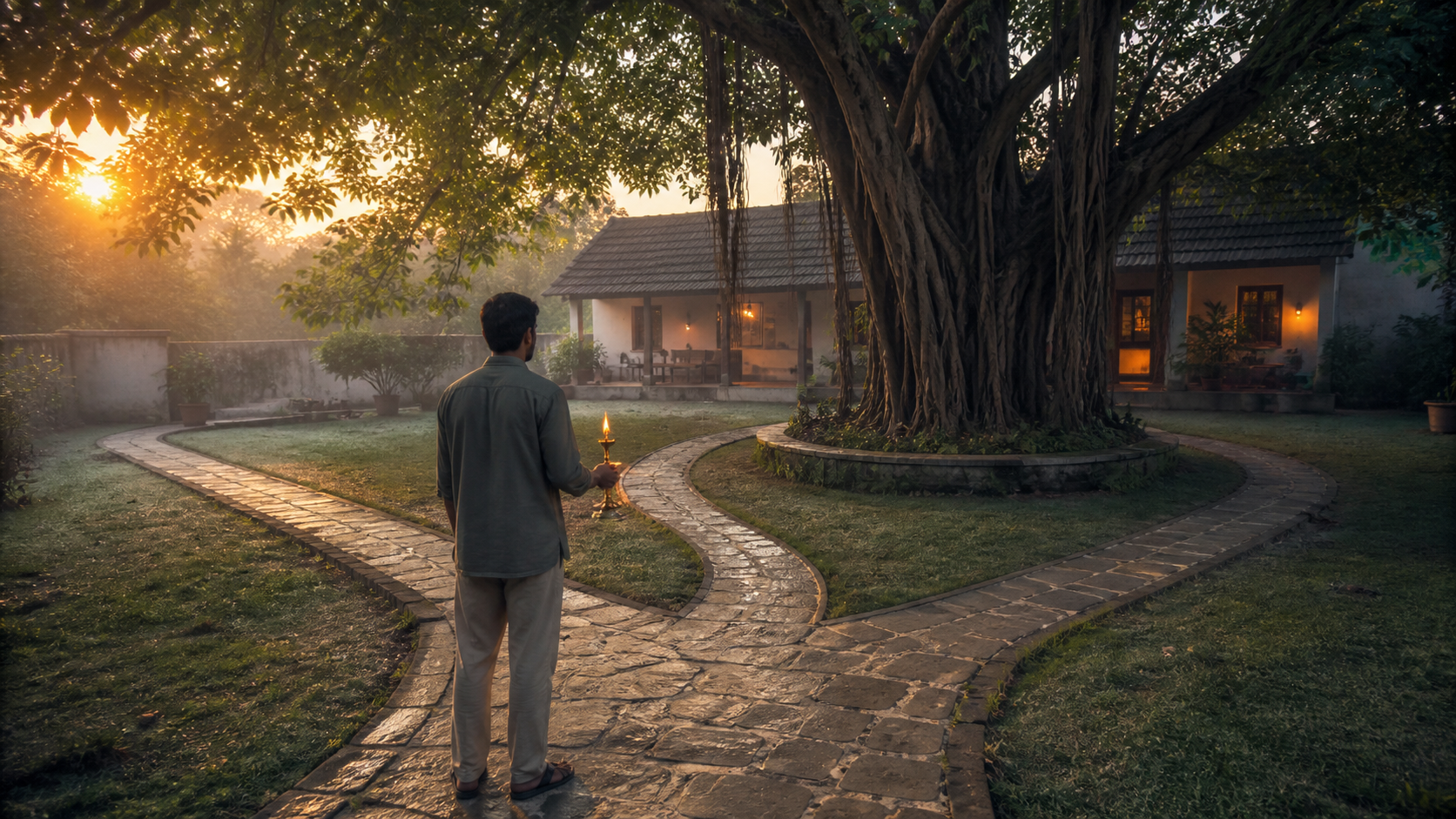A person holding a small oil lamp pauses where two stone paths divide around a banyan tree beside a warmly lit home at dawn.