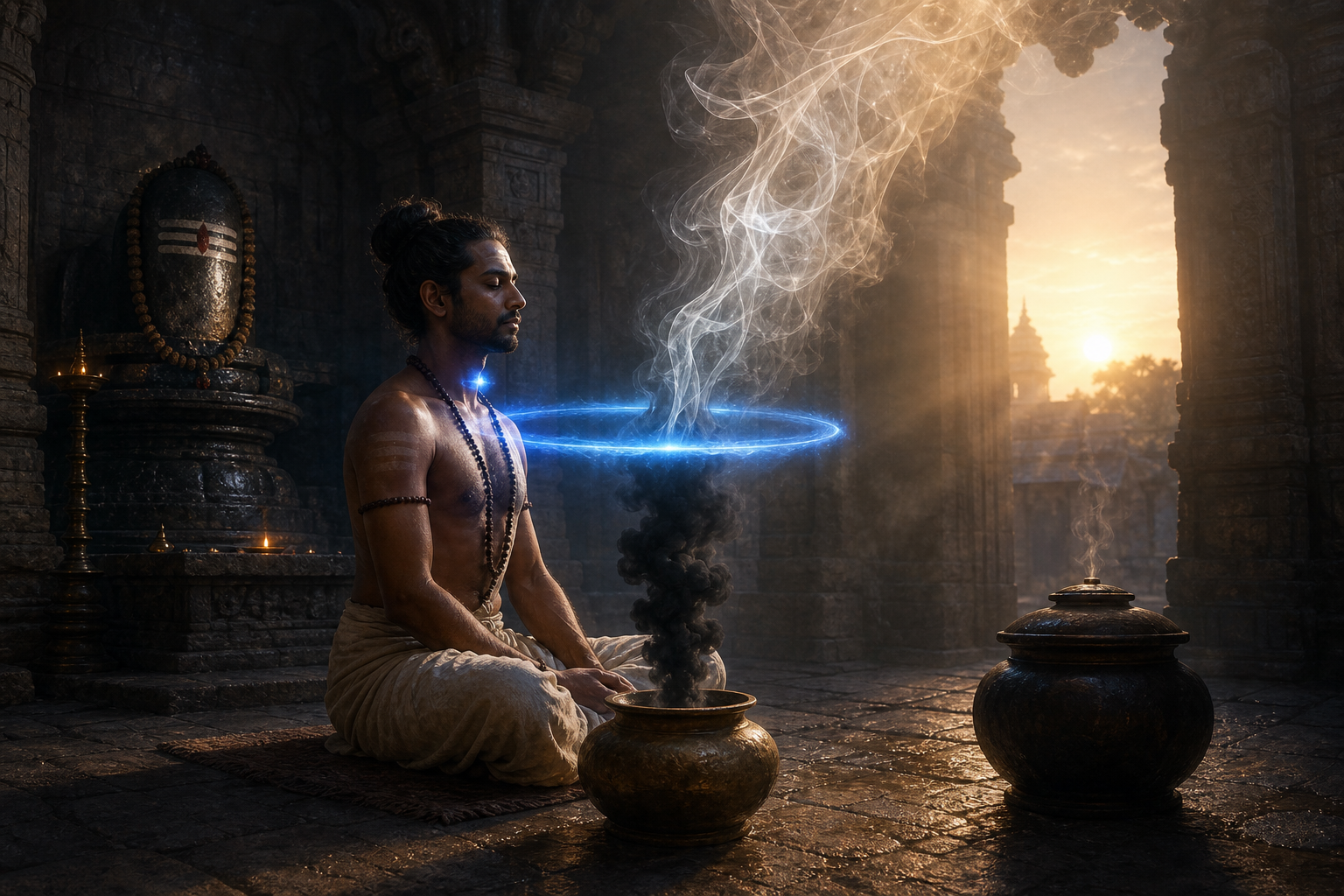 A meditating practitioner faces rising dark smoke that becomes clear in blue light, while a sealed vessel sits in shadow nearby.