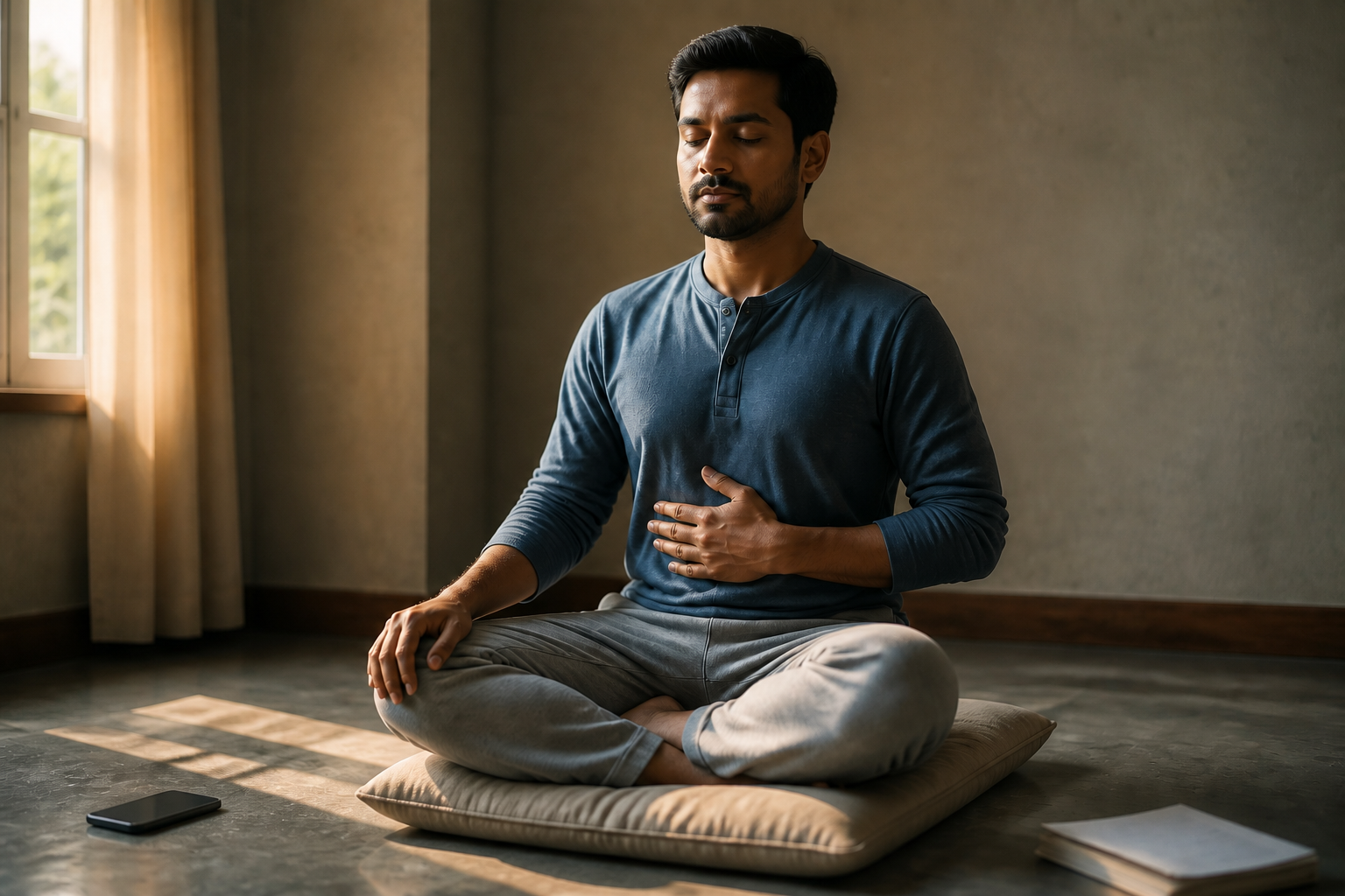A seated practitioner touches the abdomen to follow the breath while a phone and papers remain out of focus nearby.