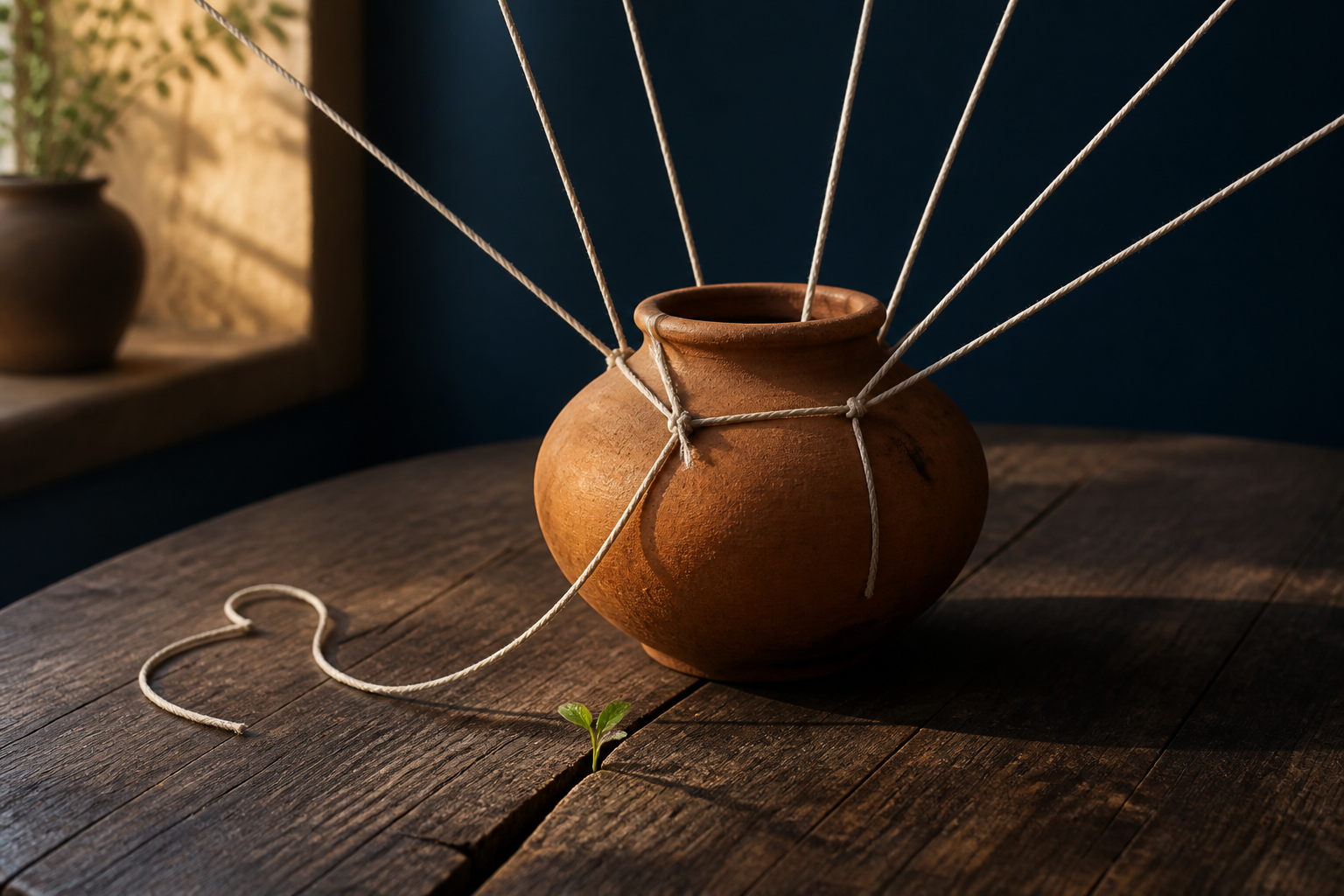 A clay vessel sits beneath several taut threads pulling in different directions, while one loose thread curls beside a small green shoot.