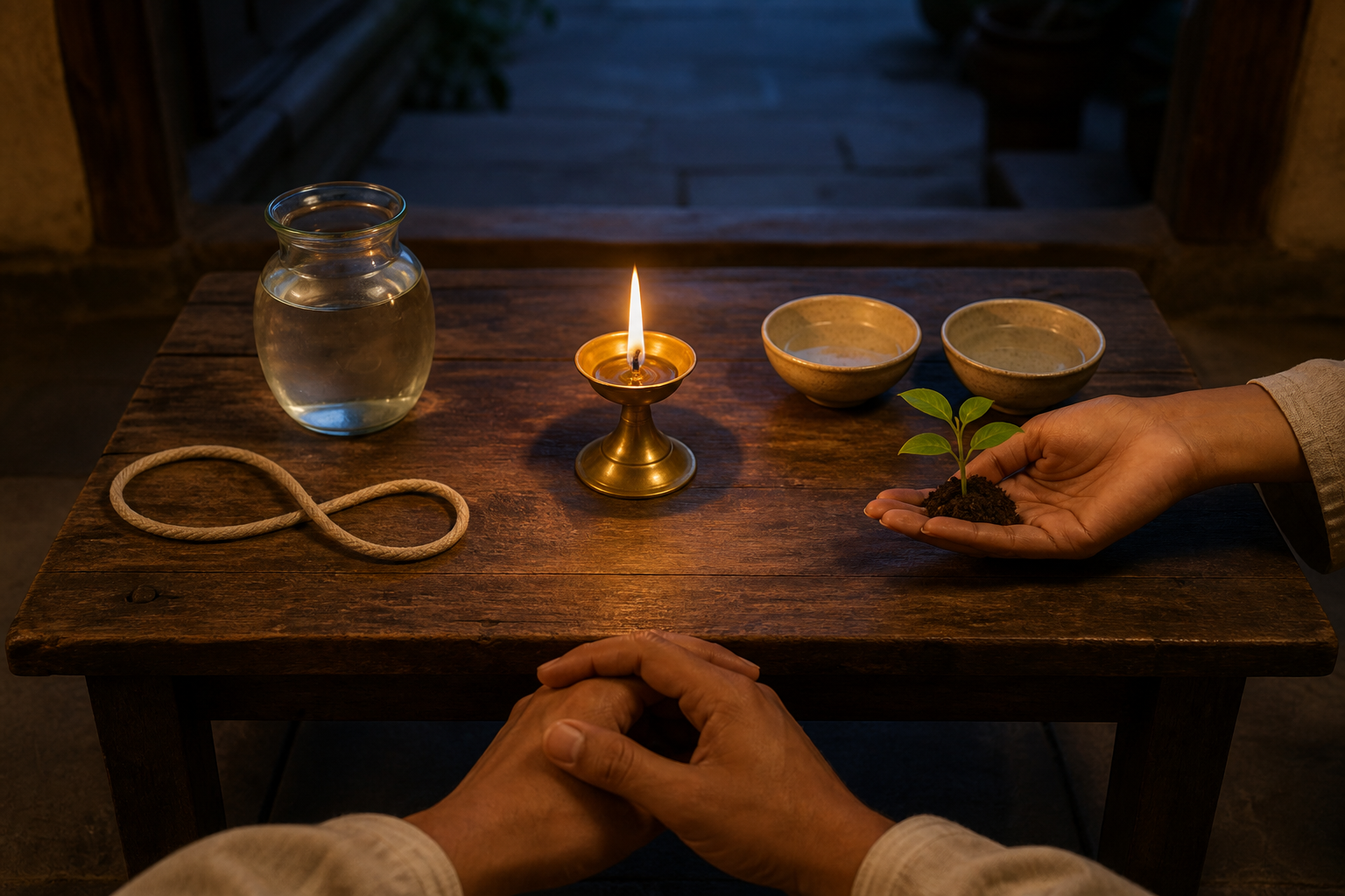 A lamp, balanced bowls, clear water, an unknotted cord, and a seedling are arranged before a person's resting hands.