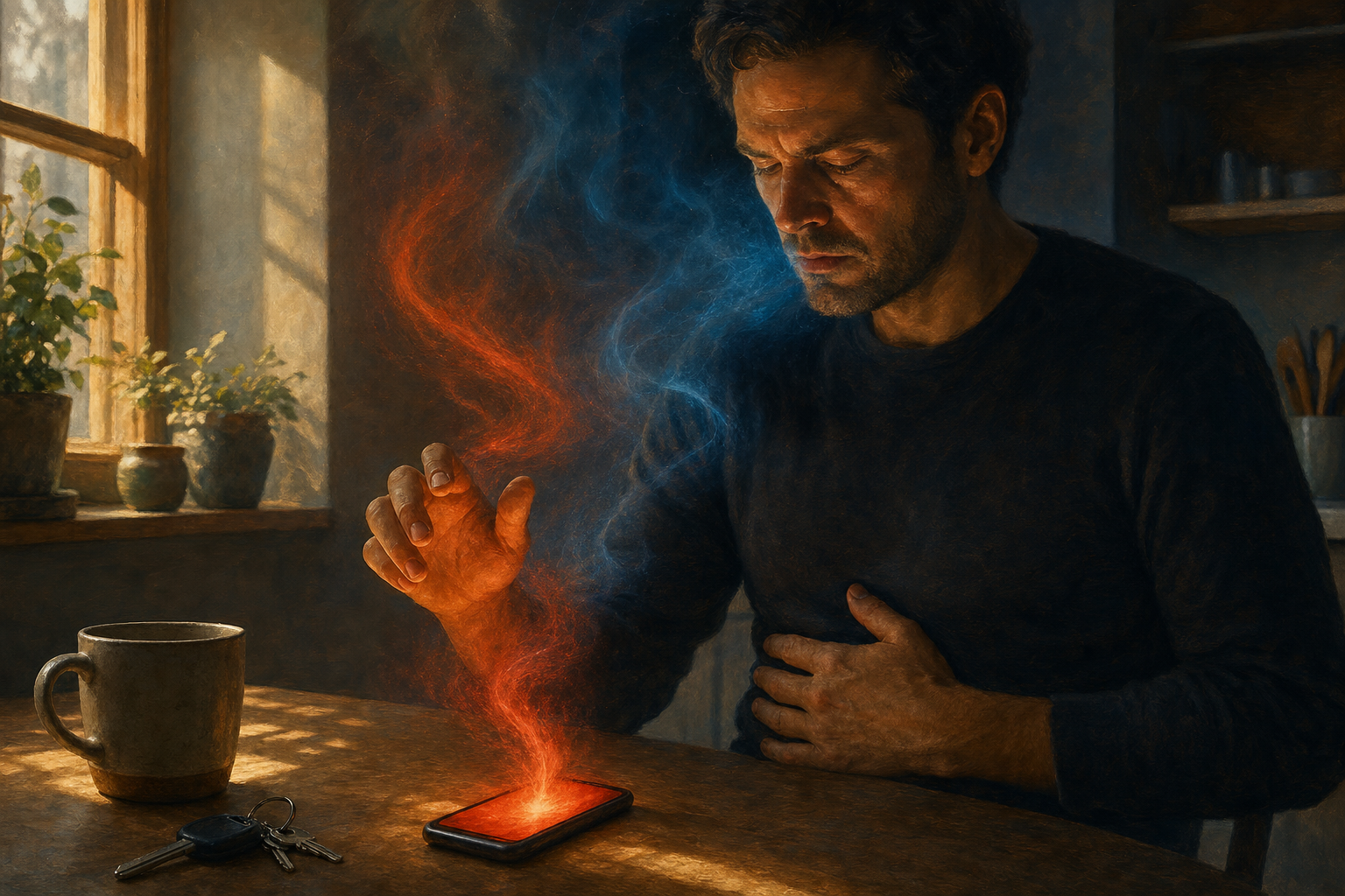 A person pauses with one hand above a glowing phone and the other on the abdomen as a red-orange current dissolves before reaching the face.