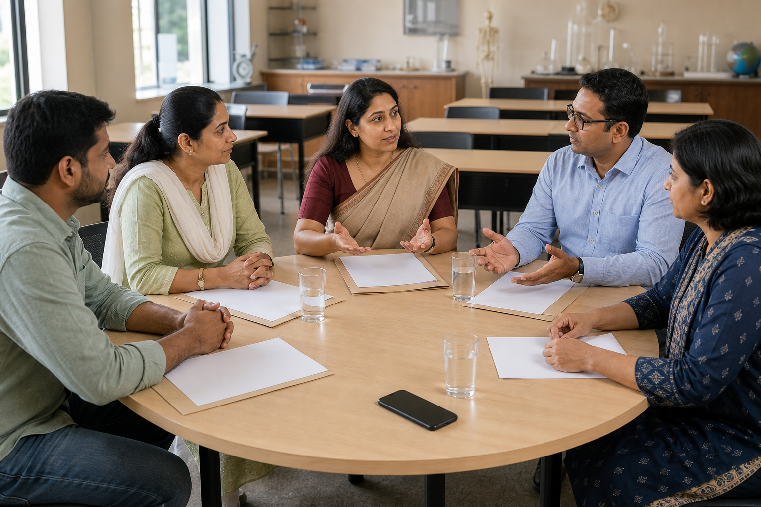 Parents, school staff, and an independent educator hold a calm meeting around a classroom table with folders and blank documents.