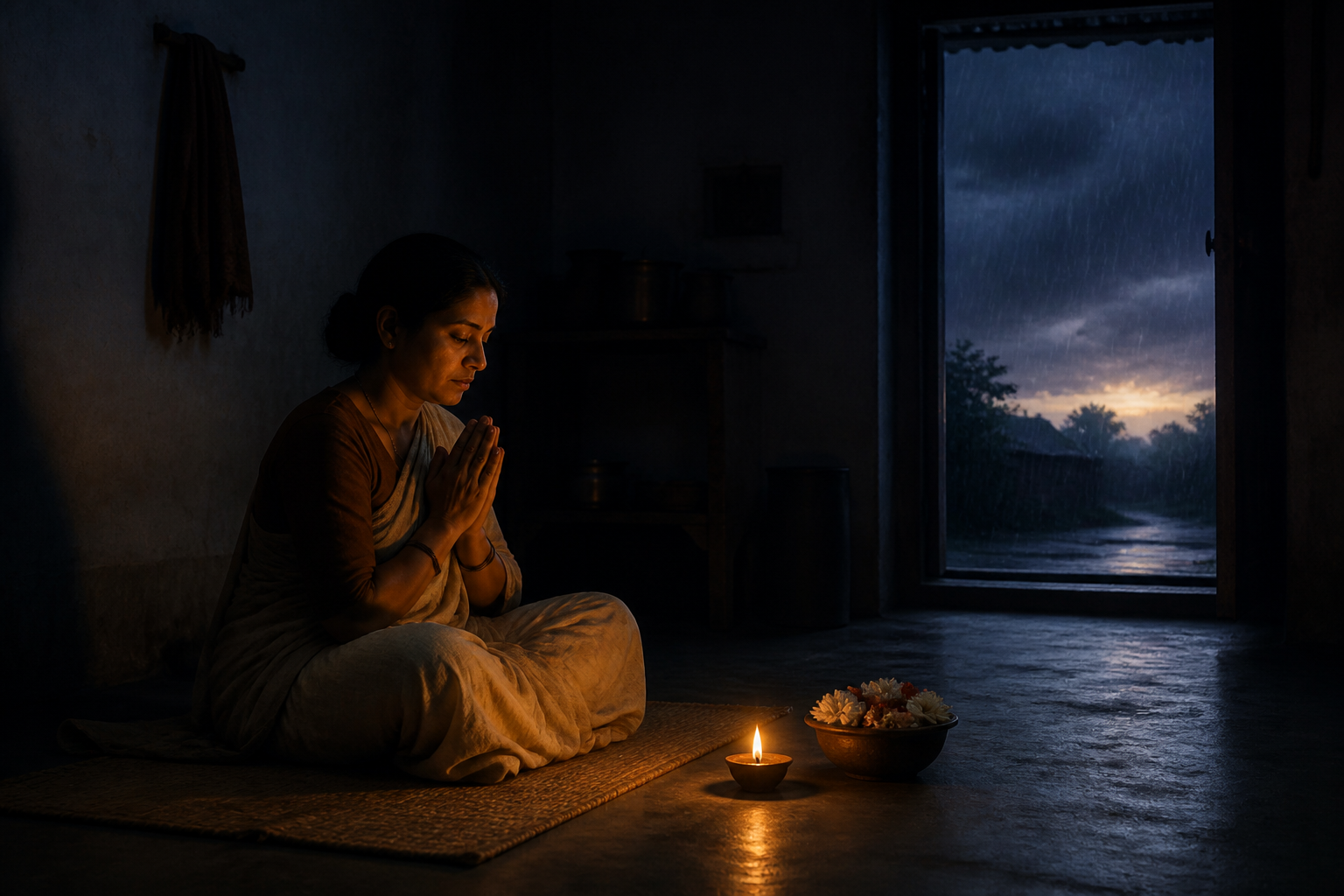 A person sits in prayer beside a small clay oil lamp while rain falls outside and dawn begins to break through the clouds.