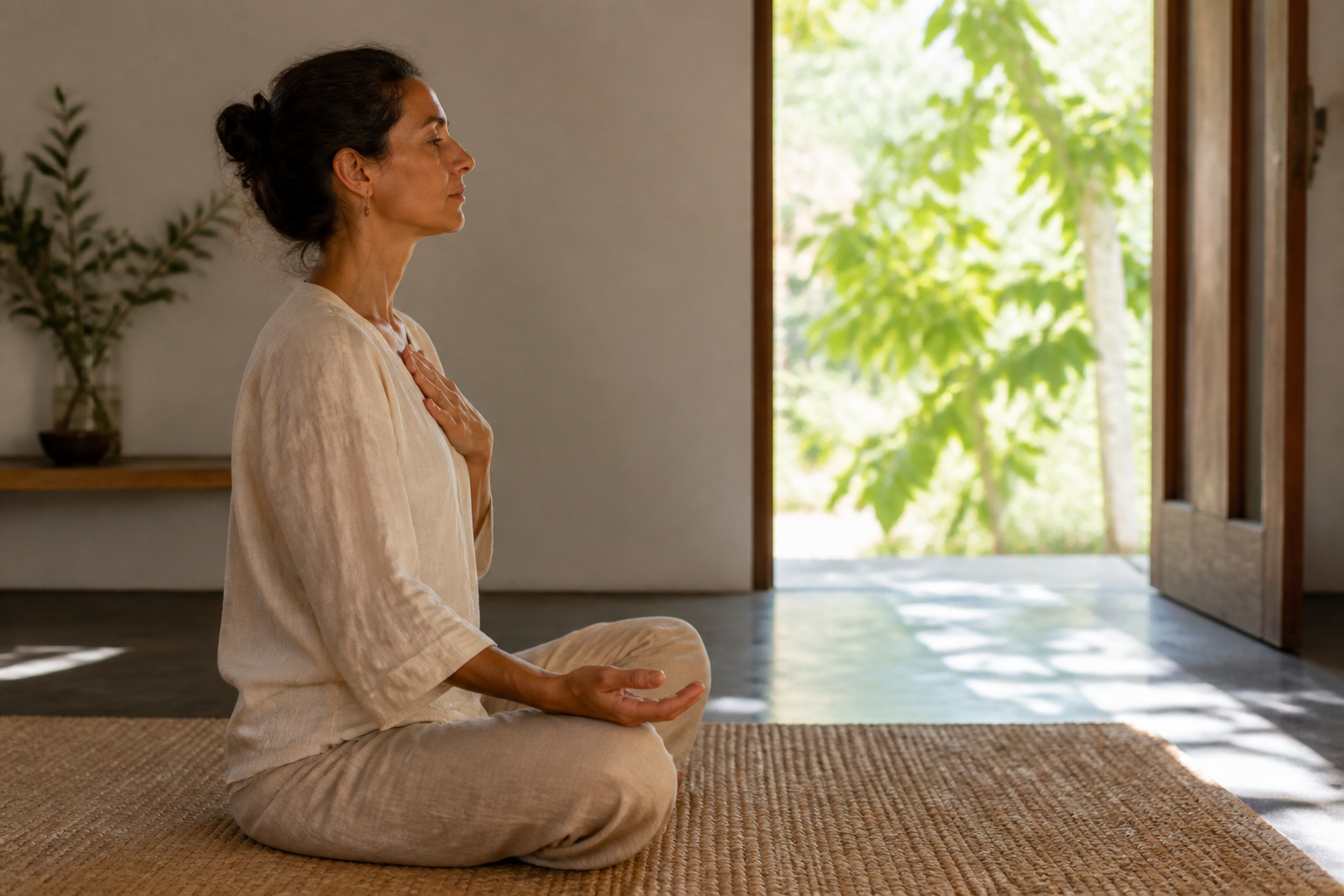 A seated person rests one hand on their chest and observes an open sunlit doorway from a quiet room.