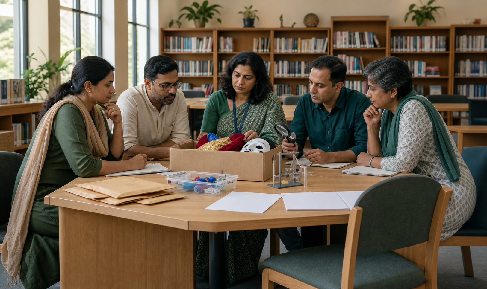 A diverse school review committee examines performance props, science equipment, evidence envelopes, and blank policy papers in a library.