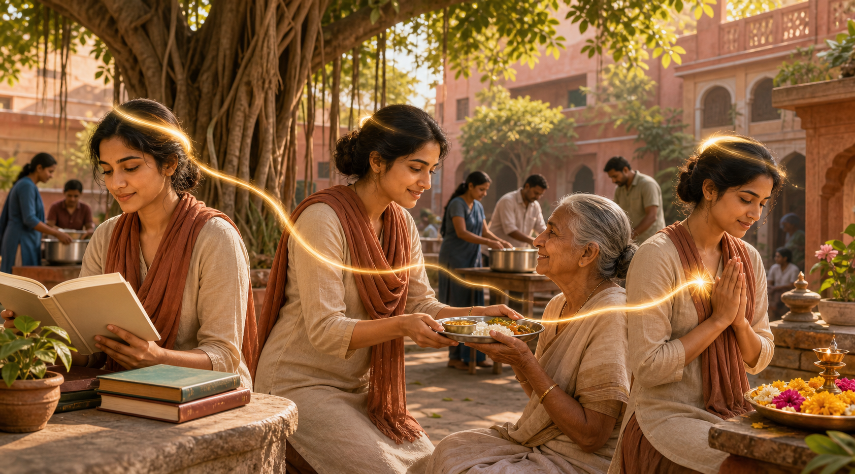 A person studies an open book, serves a meal to an elder, and offers a flower in a community courtyard.