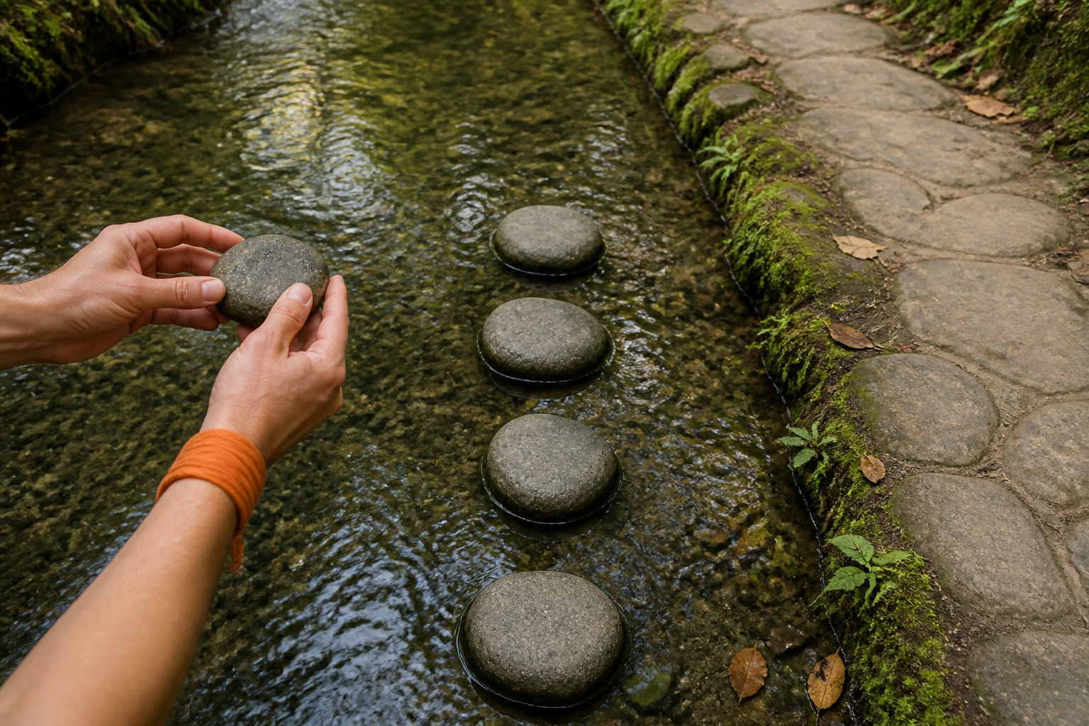 Two hands arrange small stepping stones across a shallow garden stream while an existing path remains visible on the bank.