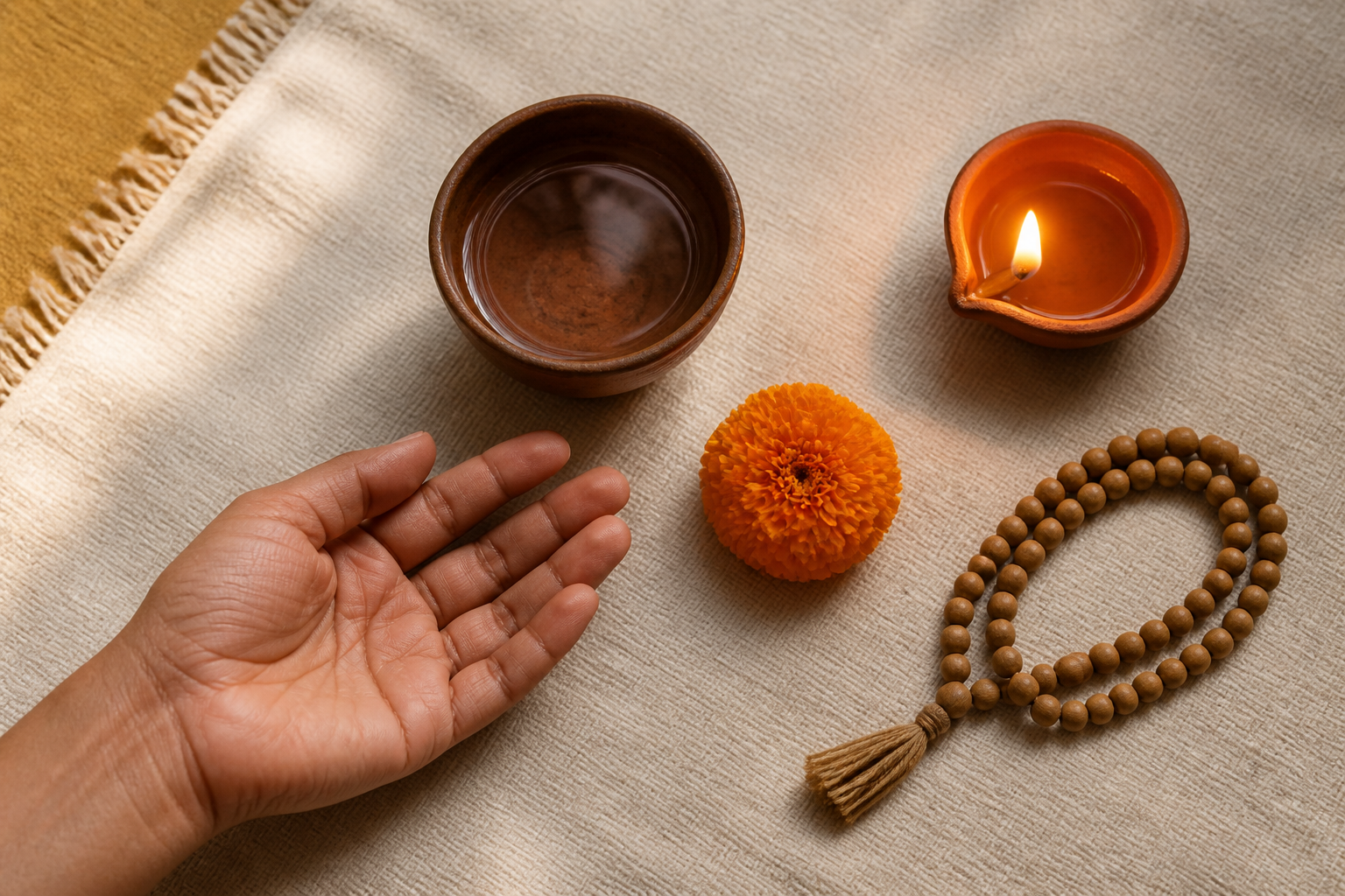 An open hand rests near wooden prayer beads, a marigold, a bowl of water, and a lit clay lamp on a cotton mat.