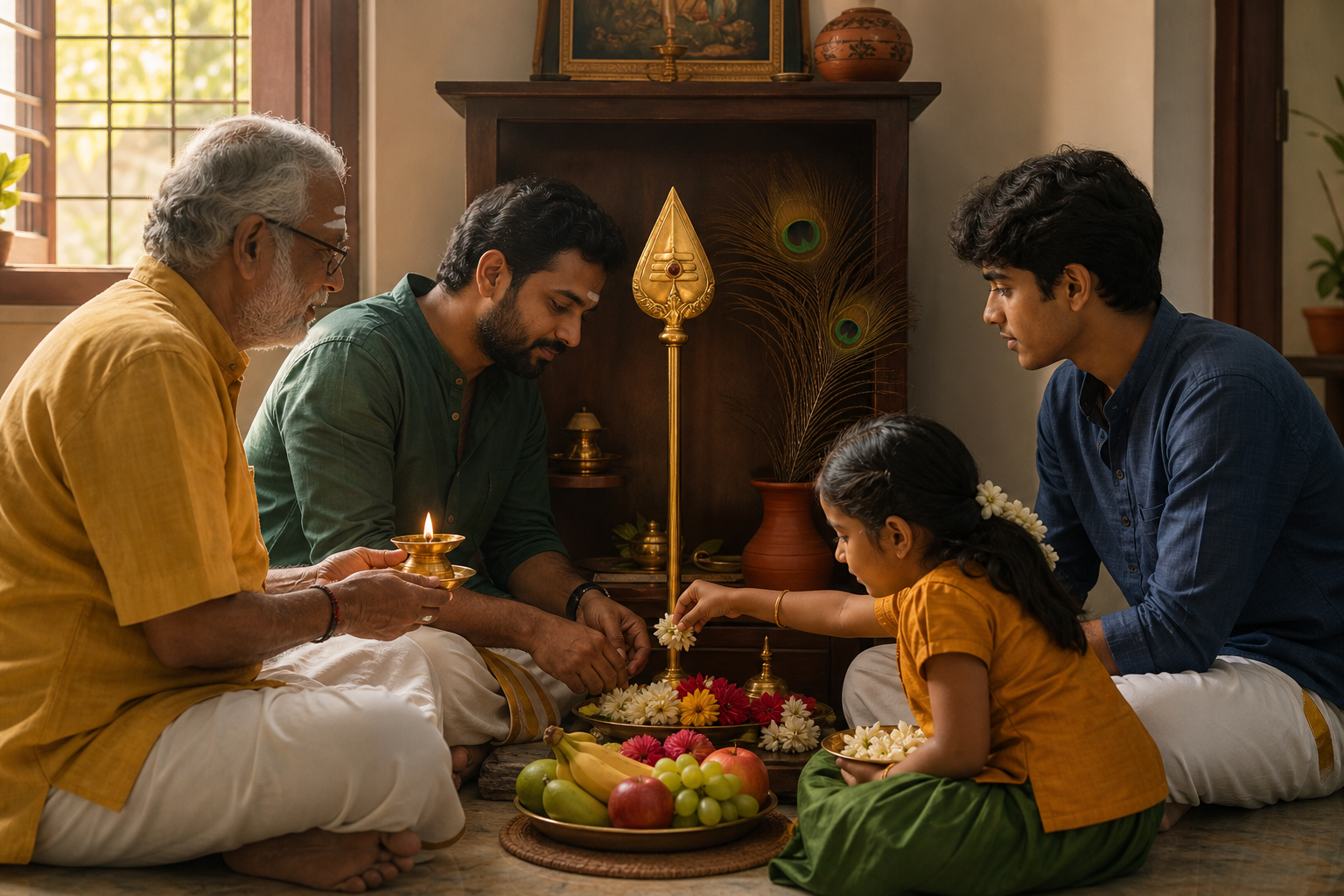 A multigenerational Tamil family places flowers and offerings around a brass vel in a home prayer space lit by an oil lamp.