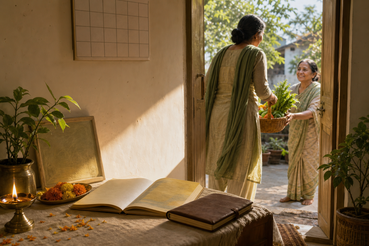 A person carries groceries to a neighbor while a lamp, flowers, and an open book remain in a sunlit home behind them.