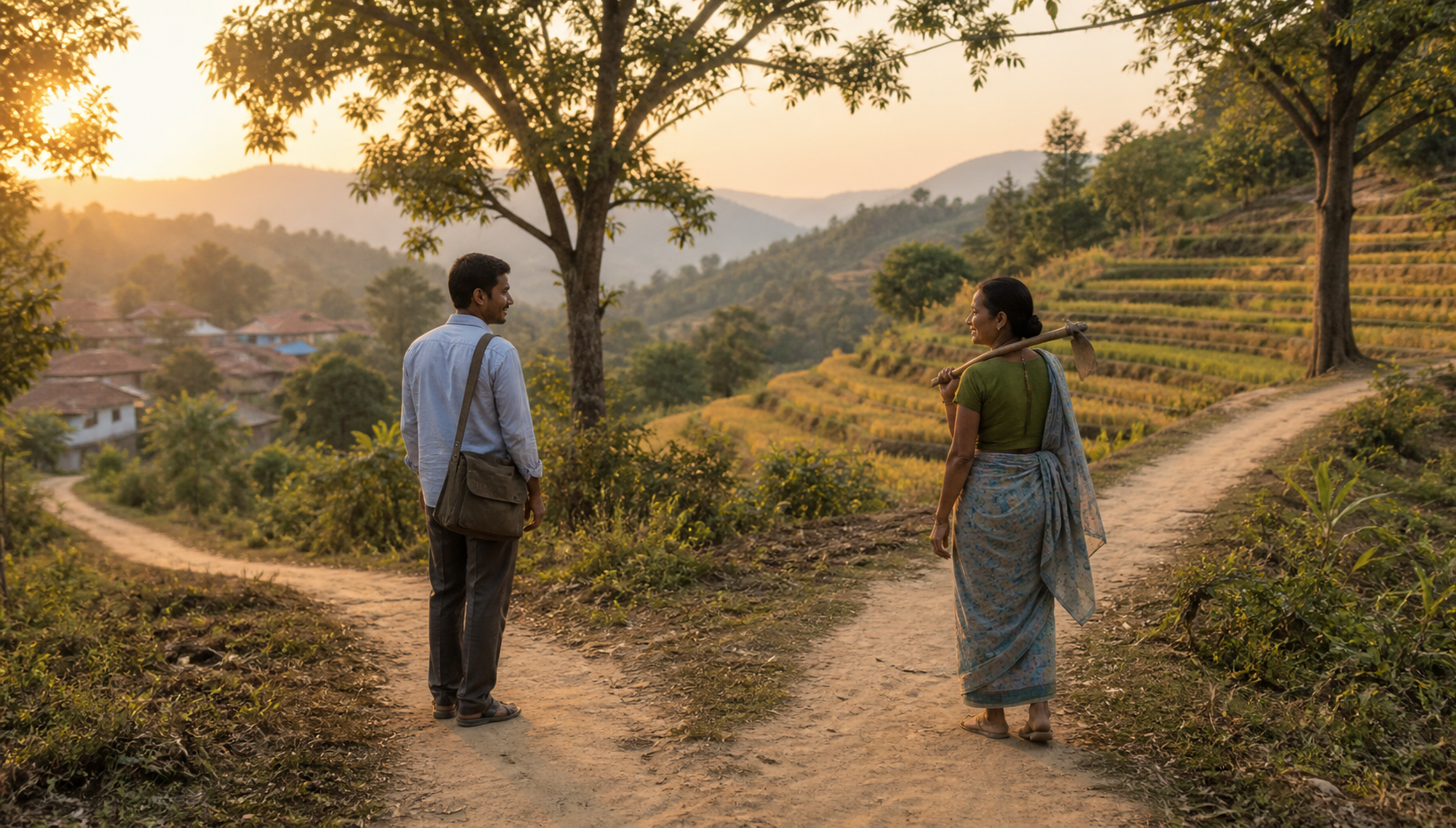 Two people greet each other at a fork in a rural path before walking toward a village and terraced fields in different directions.