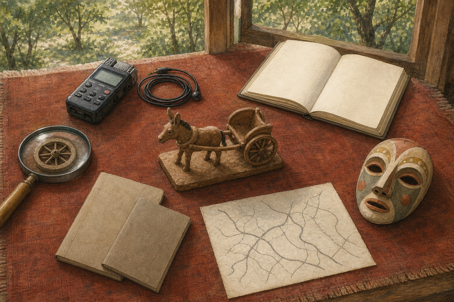 Six research objects surround a small clay model of a donkey-drawn chariot on an earthen-red cloth.