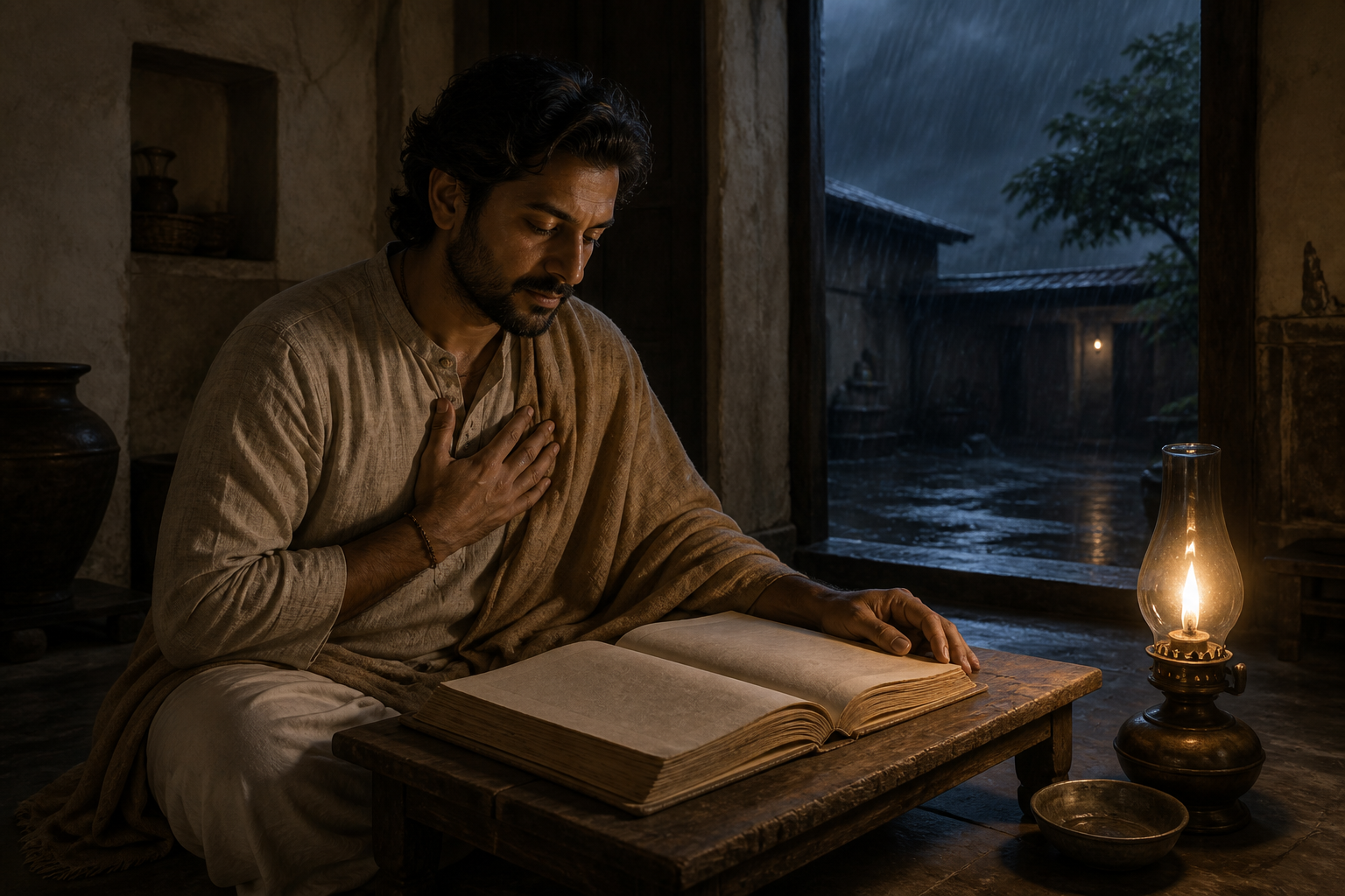 A person pauses thoughtfully over an old manuscript at a low desk while rain falls in the courtyard beyond a steady lamp.