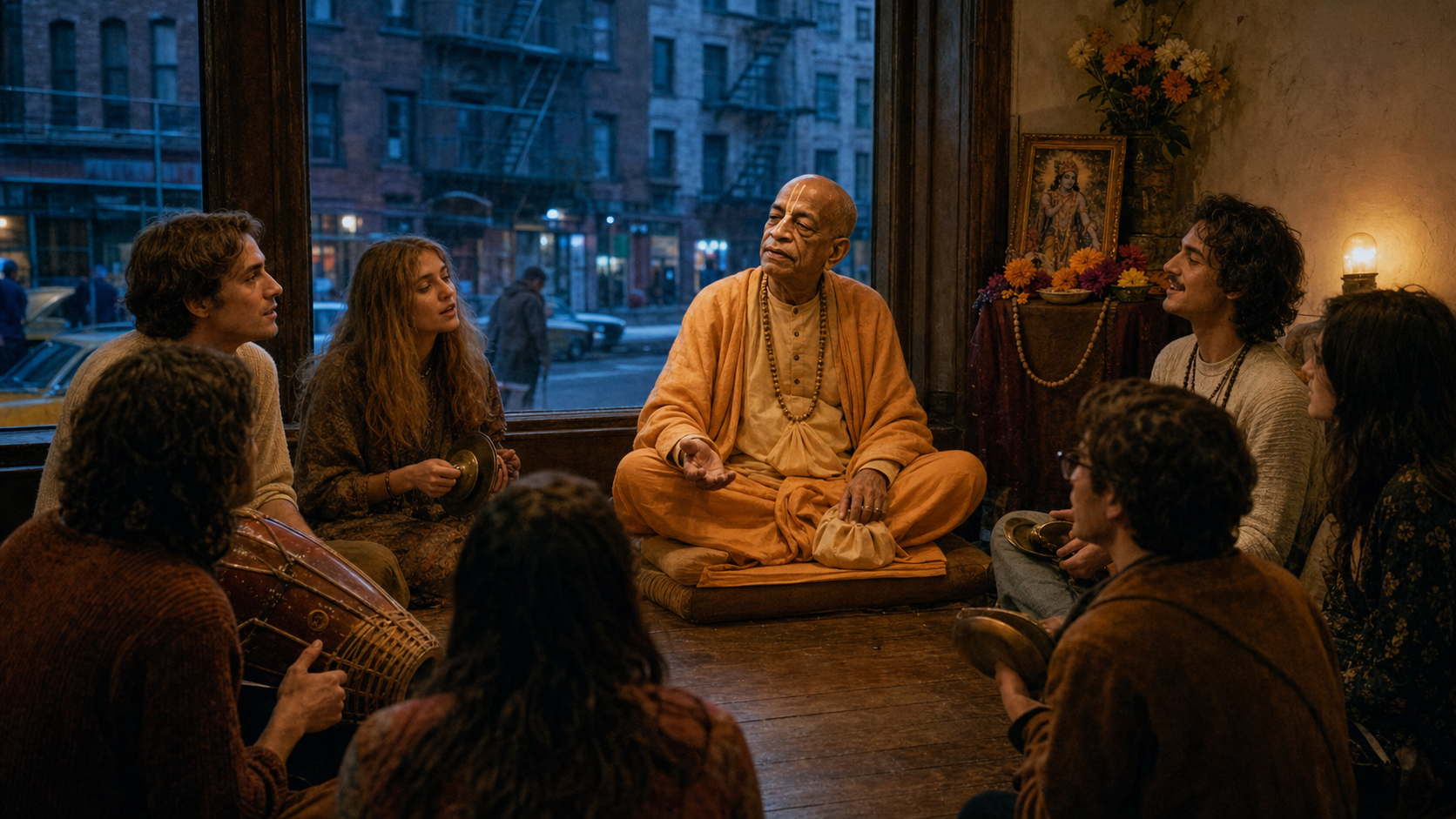 Srila Prabhupada leads a small kirtan with young adults in a modest 1960s Lower East Side storefront while a Manhattan street is visible outside.