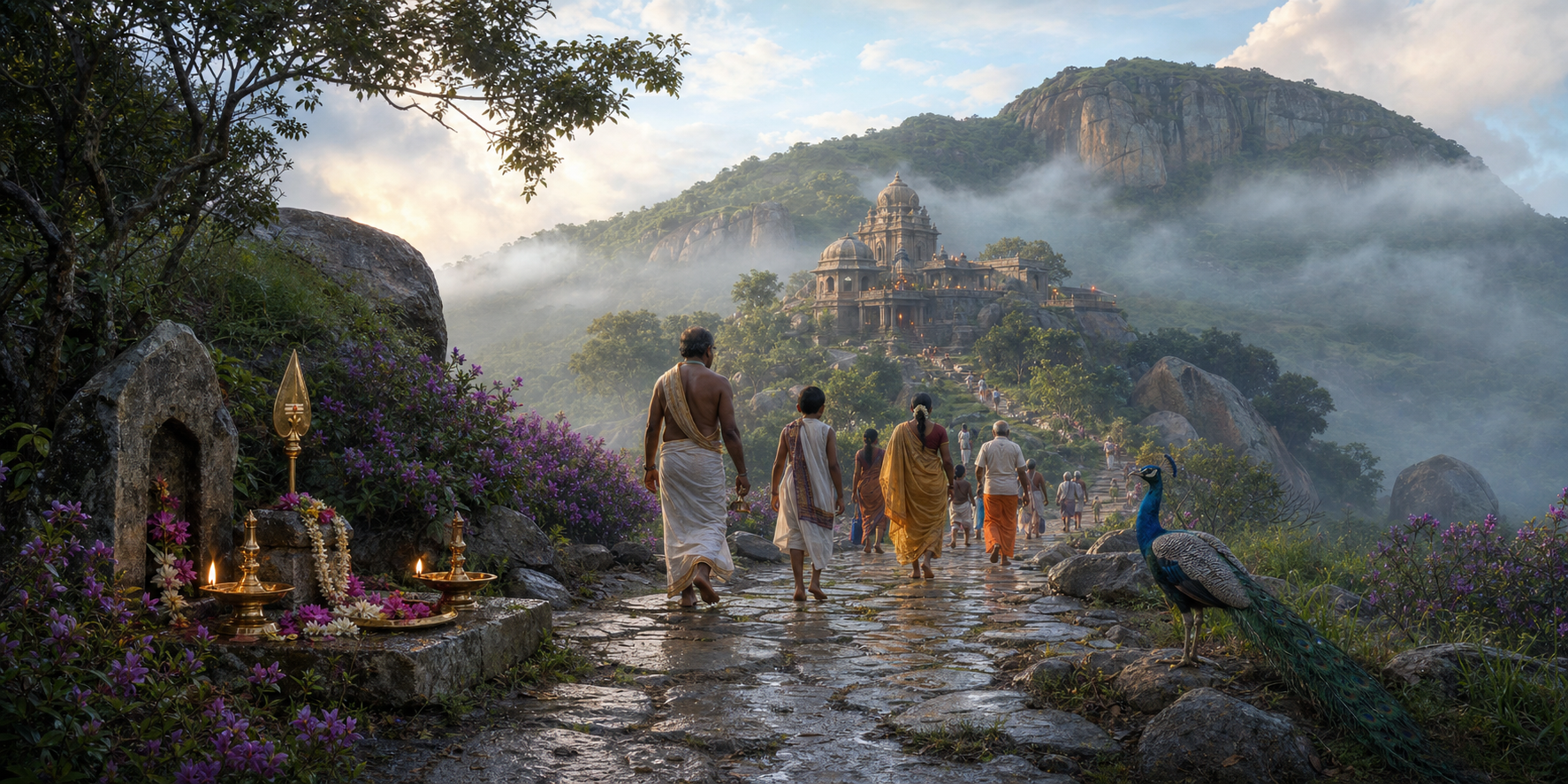 Pilgrims walk along a flower-lined stone path toward a hill temple, passing a small shrine with a brass vel and oil lamps.