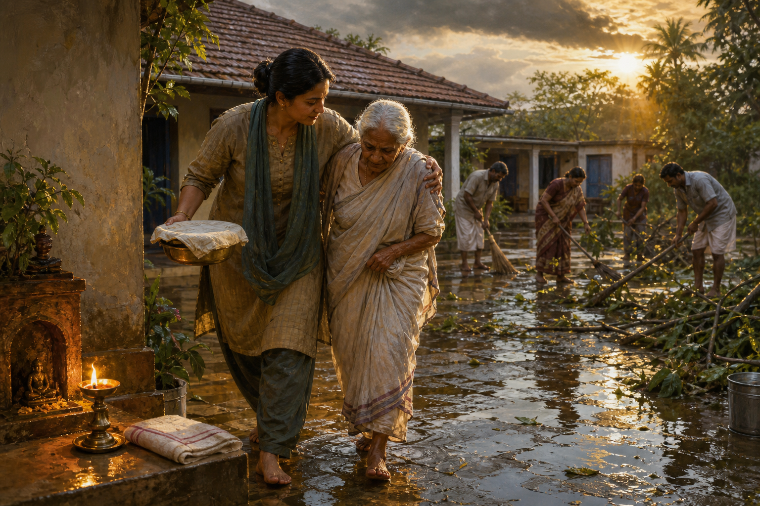 A person moves from a small prayer lamp to support an older adult and bring food as neighbors clean a courtyard after a storm.