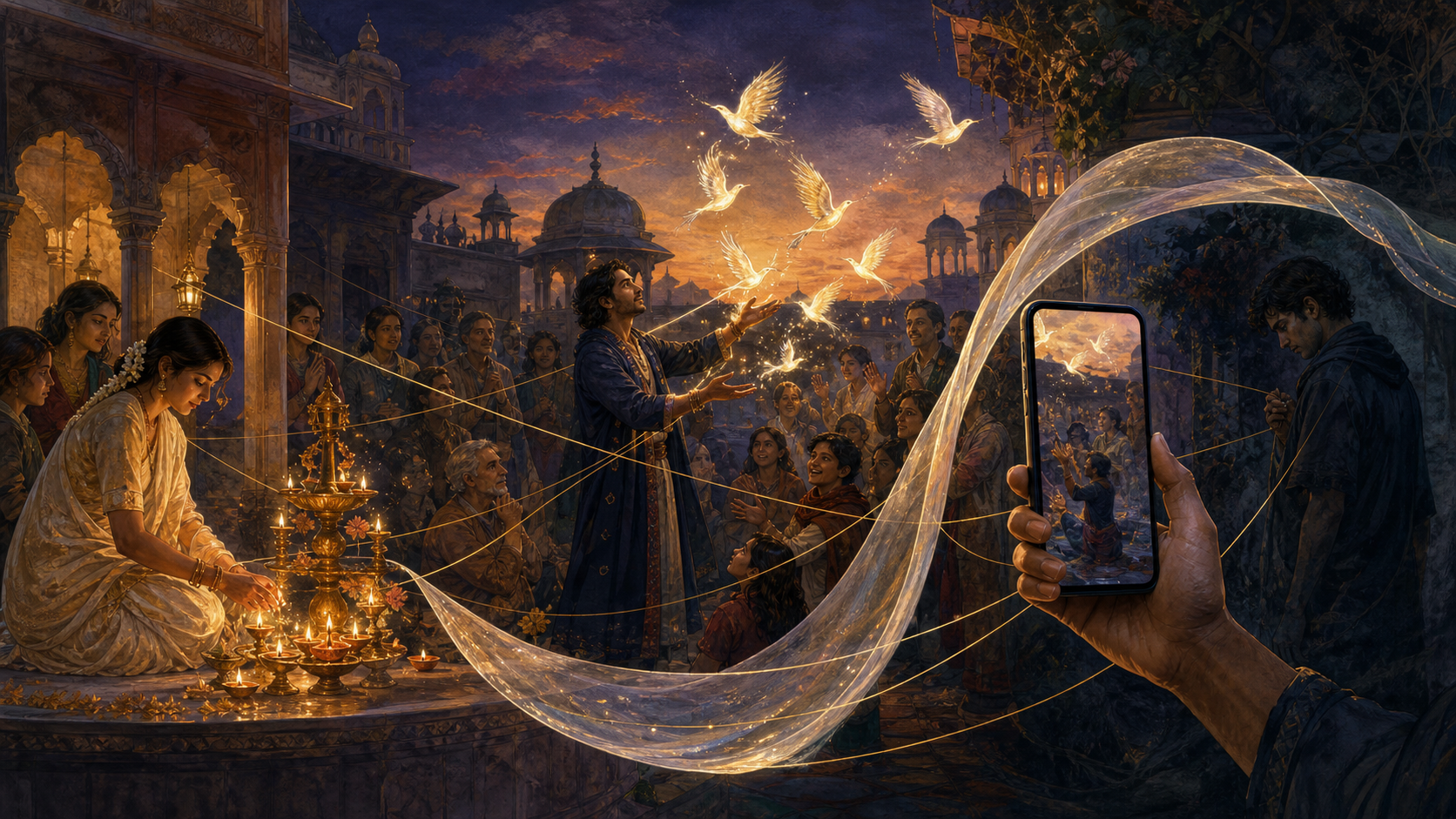 An illustrated courtyard scene connects a lamp ritual, an openly performed illusion, and a cropped smartphone view with a web of golden threads.