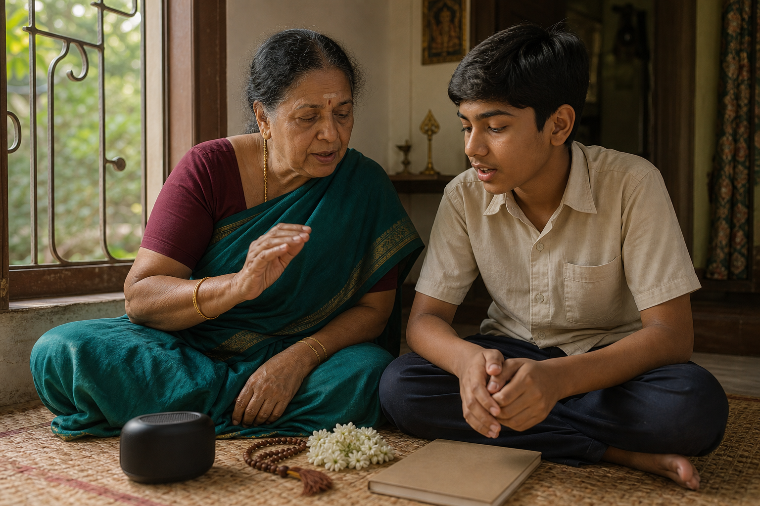A grandmother and teenager sit together listening to audio and keeping rhythm beside jasmine flowers, prayer beads, and a brass vel.