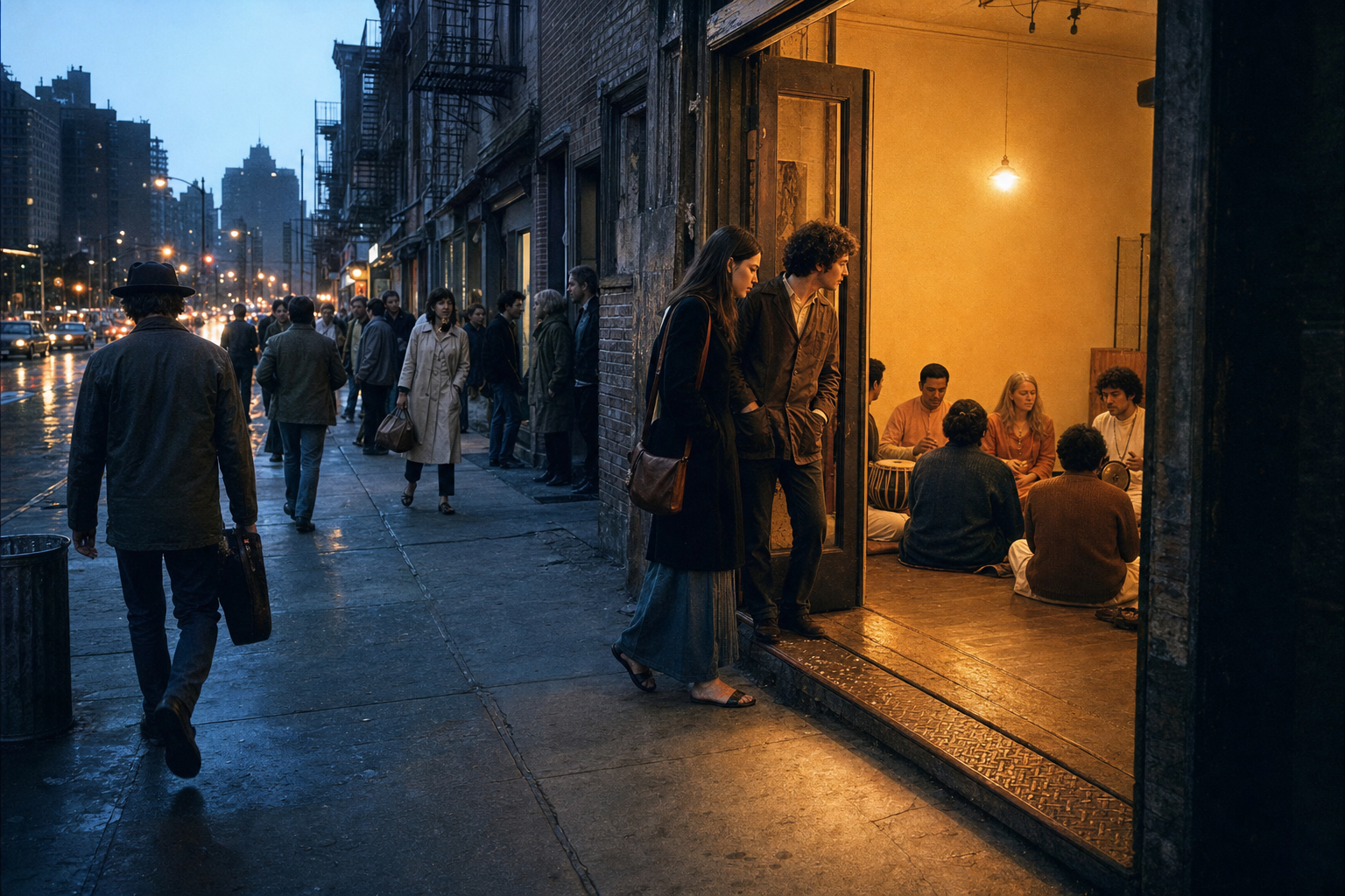 Two passersby pause outside a warmly lit Lower East Side storefront where a small devotional gathering is taking place amid a busy 1960s New York street.