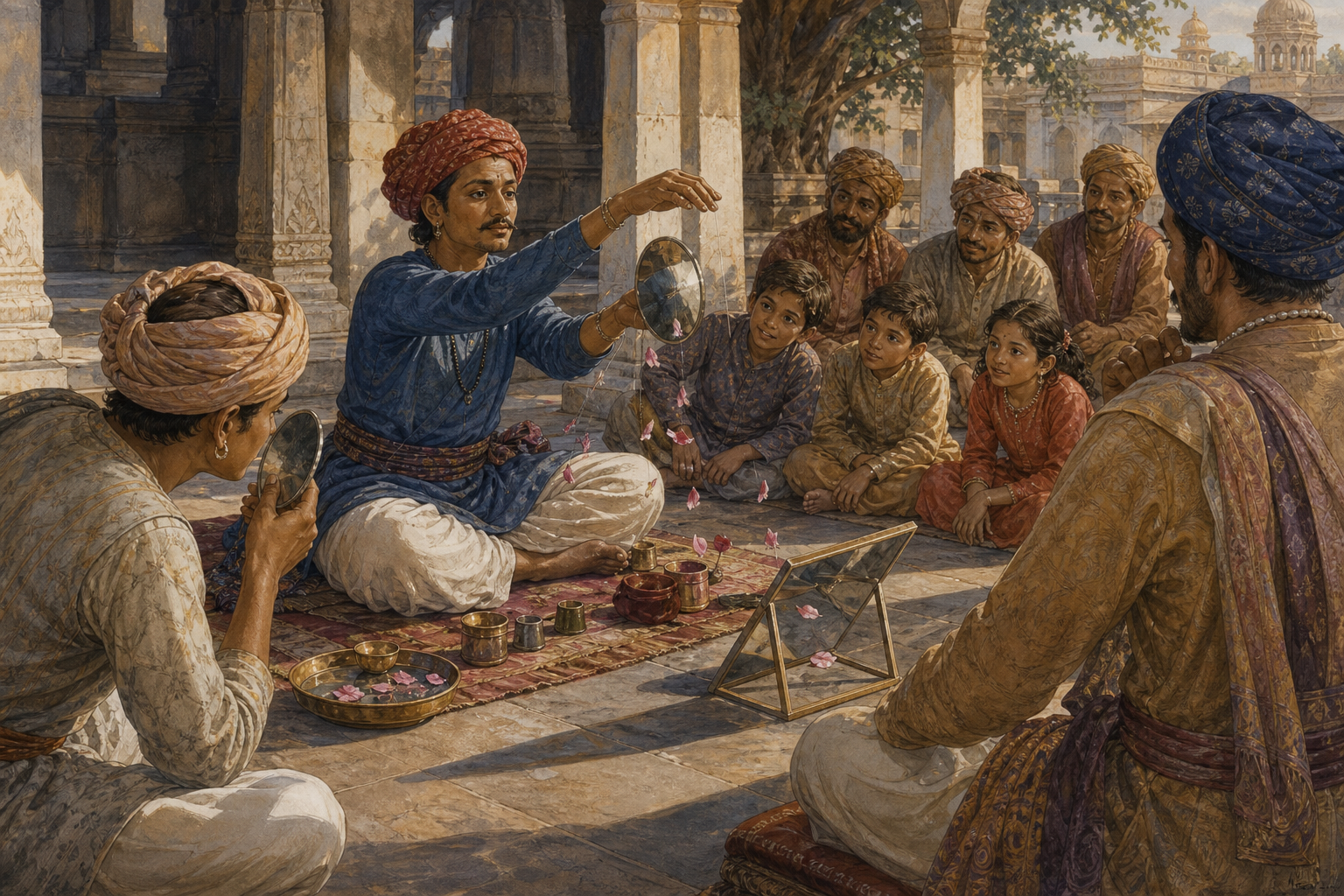 A performer in a pillared courtyard uses mirrors, cups, powder, and threads to make flower petals appear to float before an attentive audience.