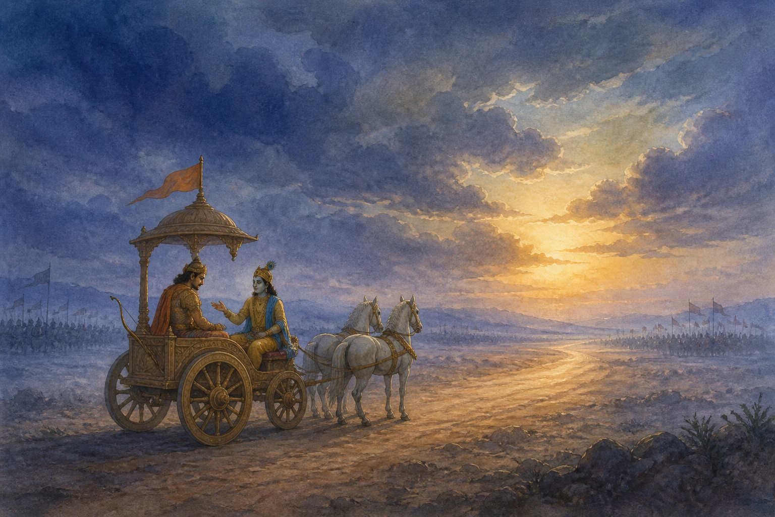 A contemplative warrior with a lowered bow listens to his charioteer in a stationary chariot at the edge of a misty battlefield before dawn.