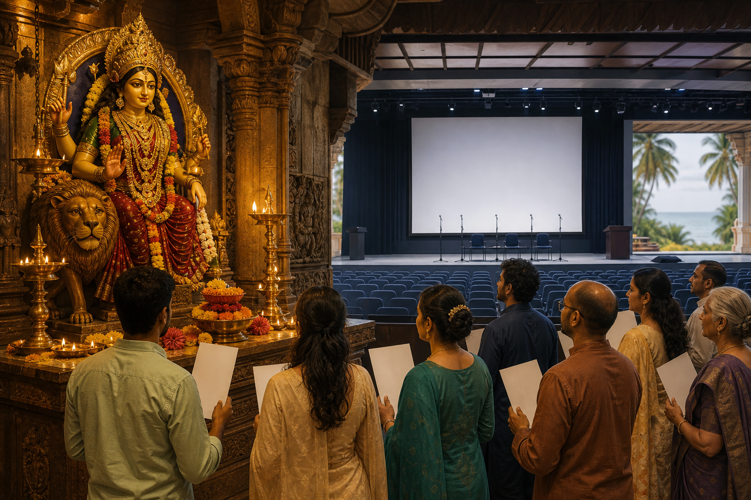 A reverent depiction of Goddess Chamundi faces a modern auditorium while a calm group of devotees holds blank petition papers in the foreground.