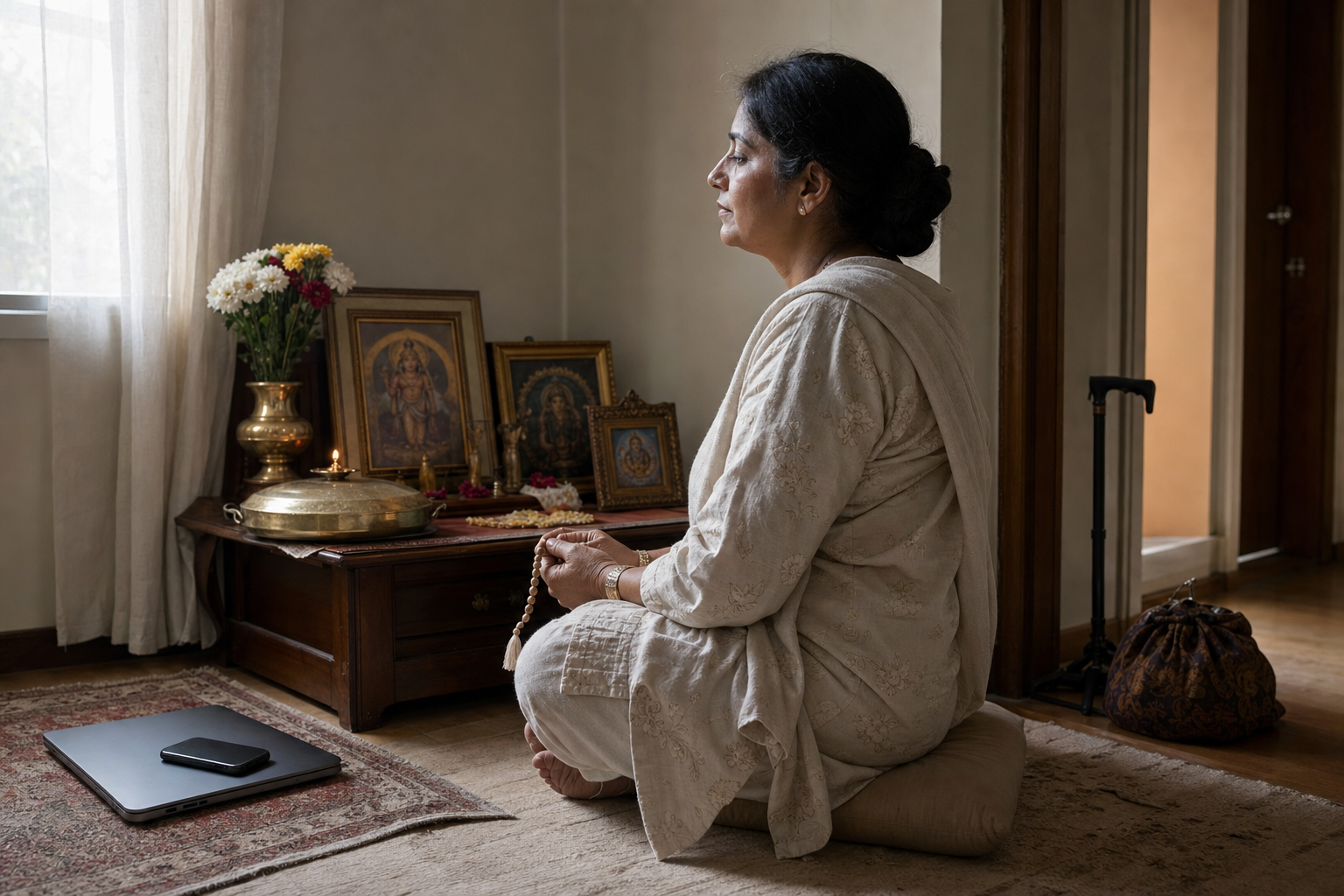 A devotee chants with japa beads in a home prayer corner while a closed laptop, phone, walking cane, and packed bag remain nearby.