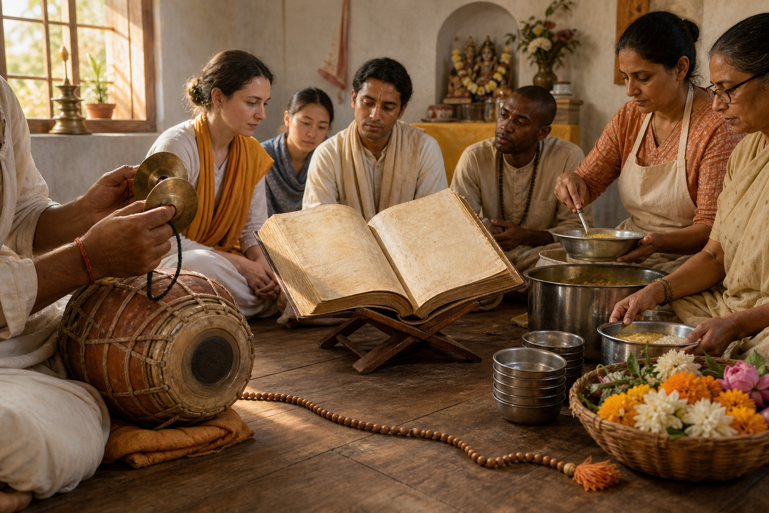 Devotees play cymbals, study an open scripture, and serve vegetarian food together in a simple temple room.