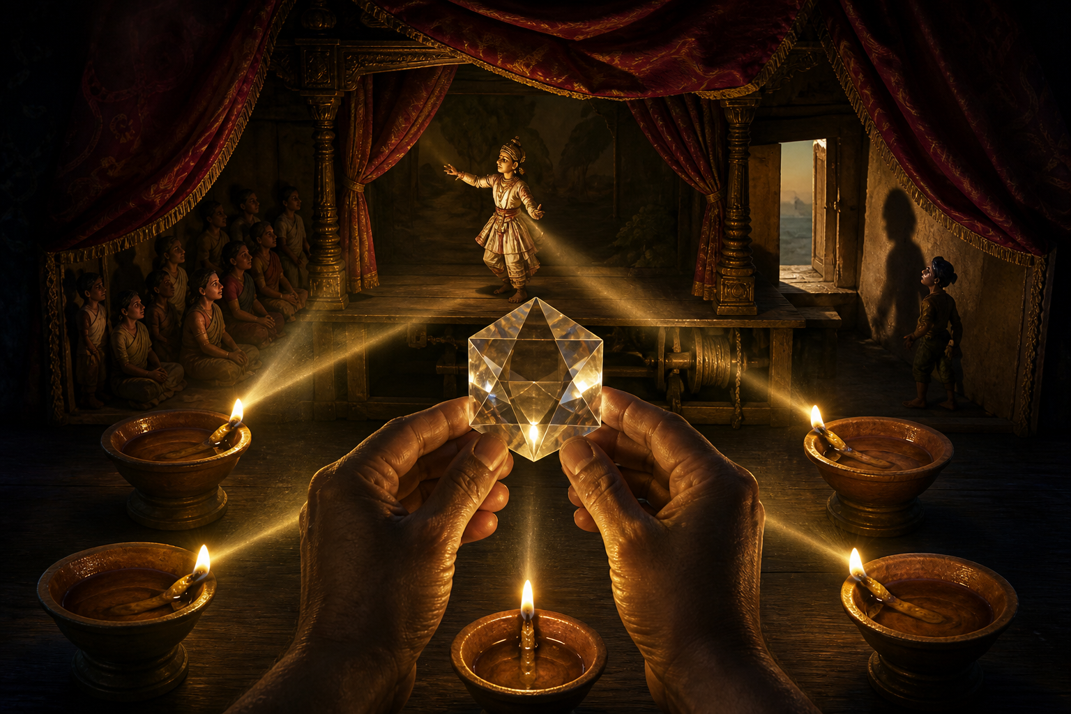 A person examines a curtained performance through a glass prism while five oil lamps illuminate the audience, hidden mechanism, exit, and nearby bystander.