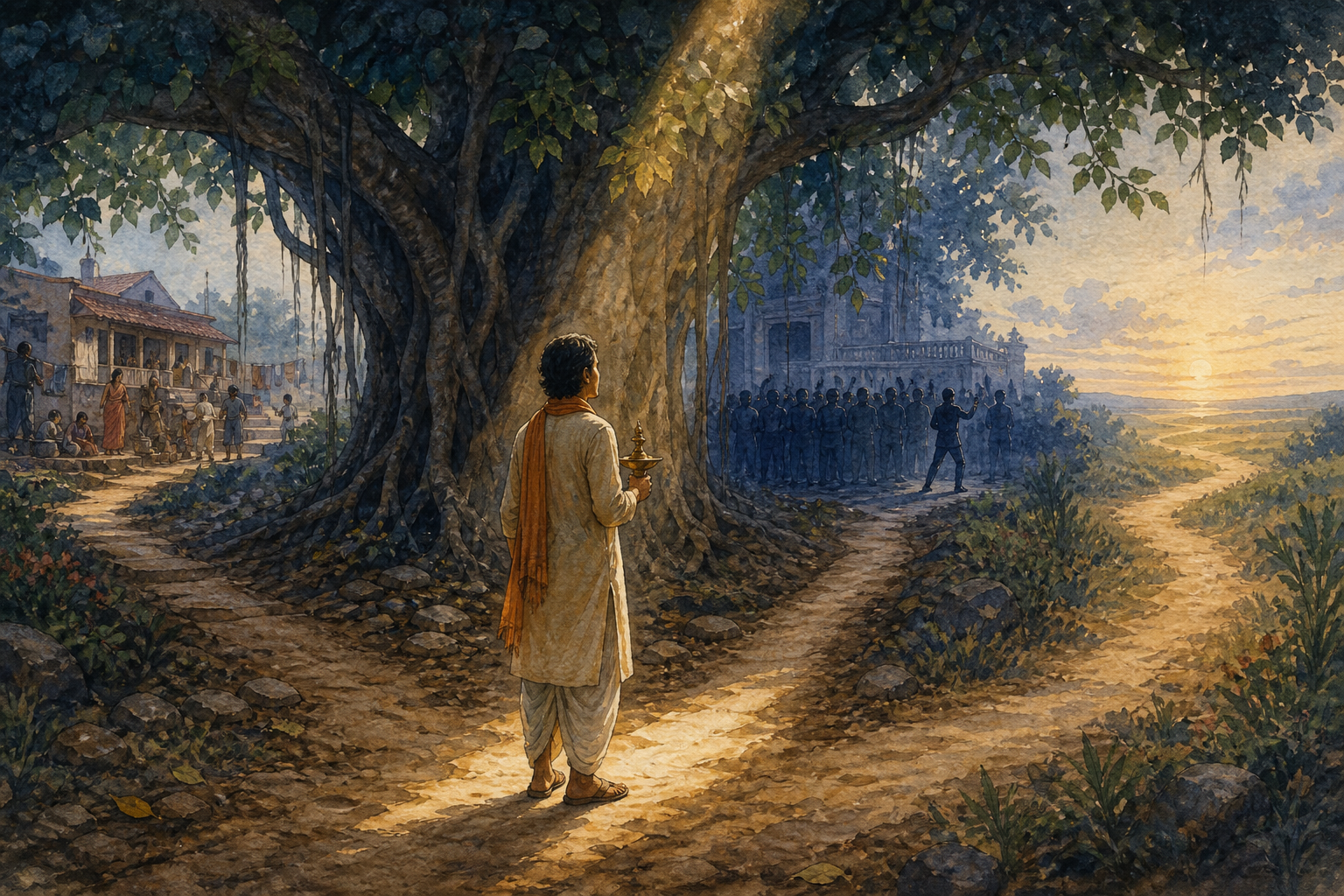 A traveler holding a brass lamp pauses beneath a banyan tree where three different footpaths diverge.