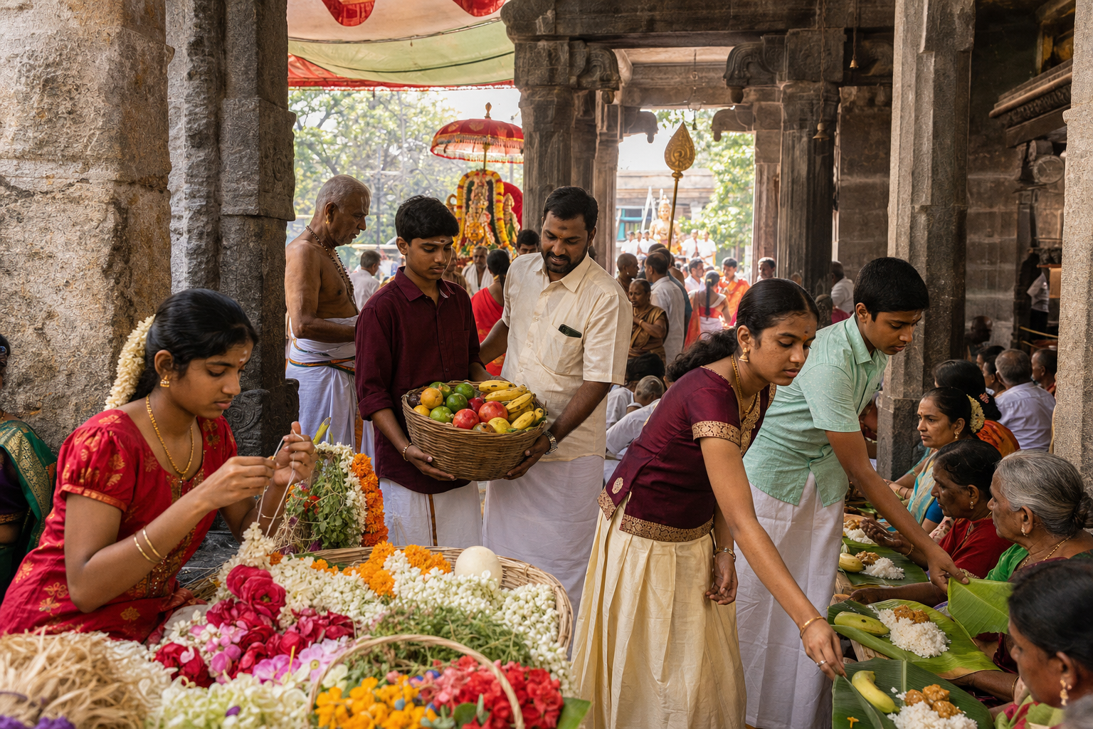 Children, teenagers, and elders prepare garlands, carry offerings, and serve food on banana leaves in a temple courtyard during a festival.