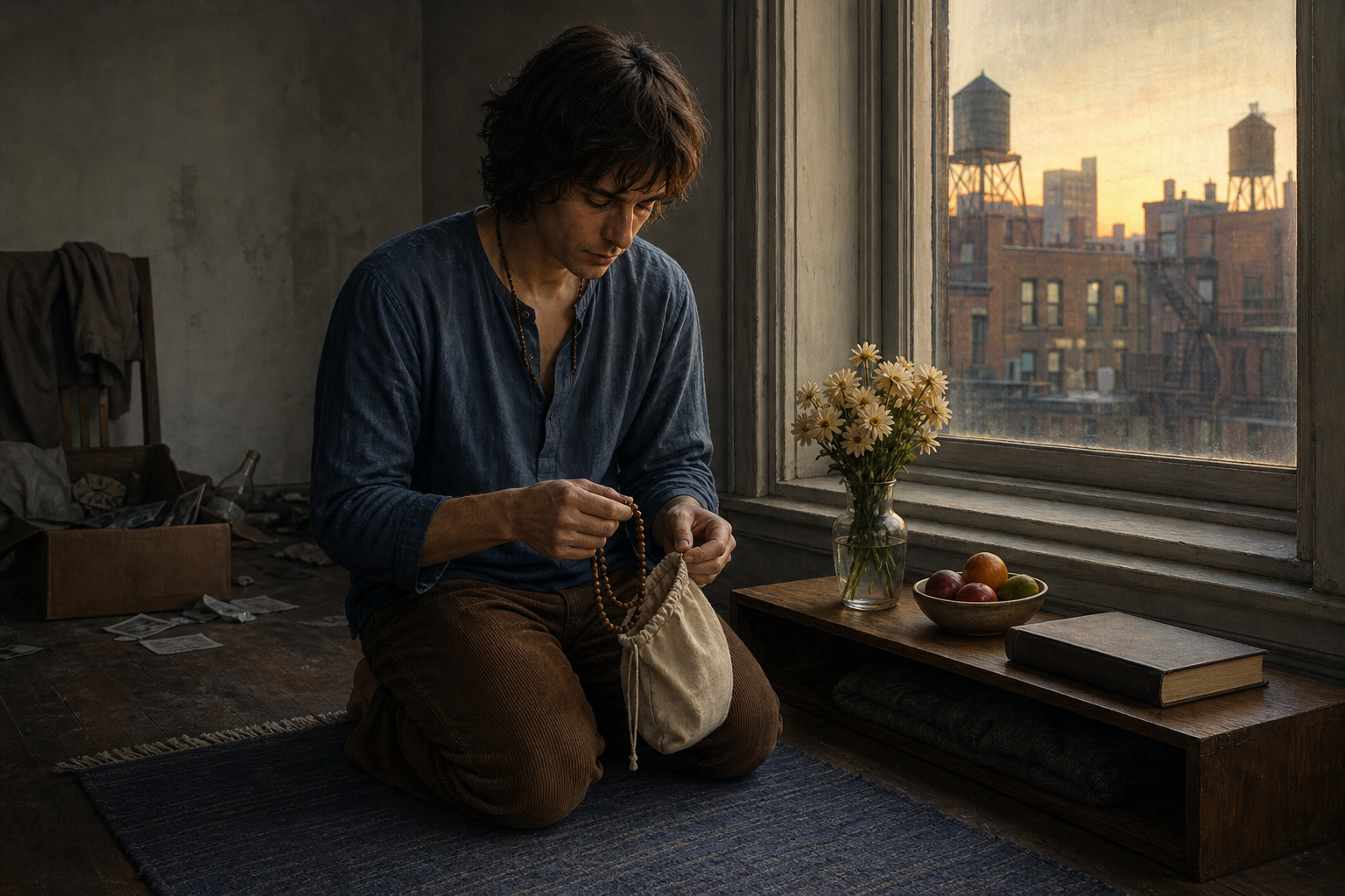 A young adult prepares prayer beads in an orderly New York apartment at dawn while a box of cleared-away clutter sits in the background.