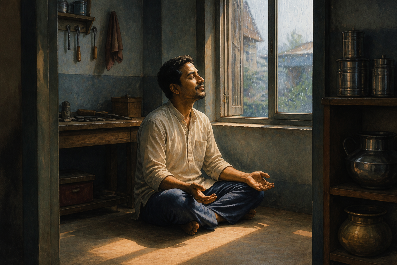 A calm person sits with open hands in a dim room as morning light enters through a rain-streaked window.