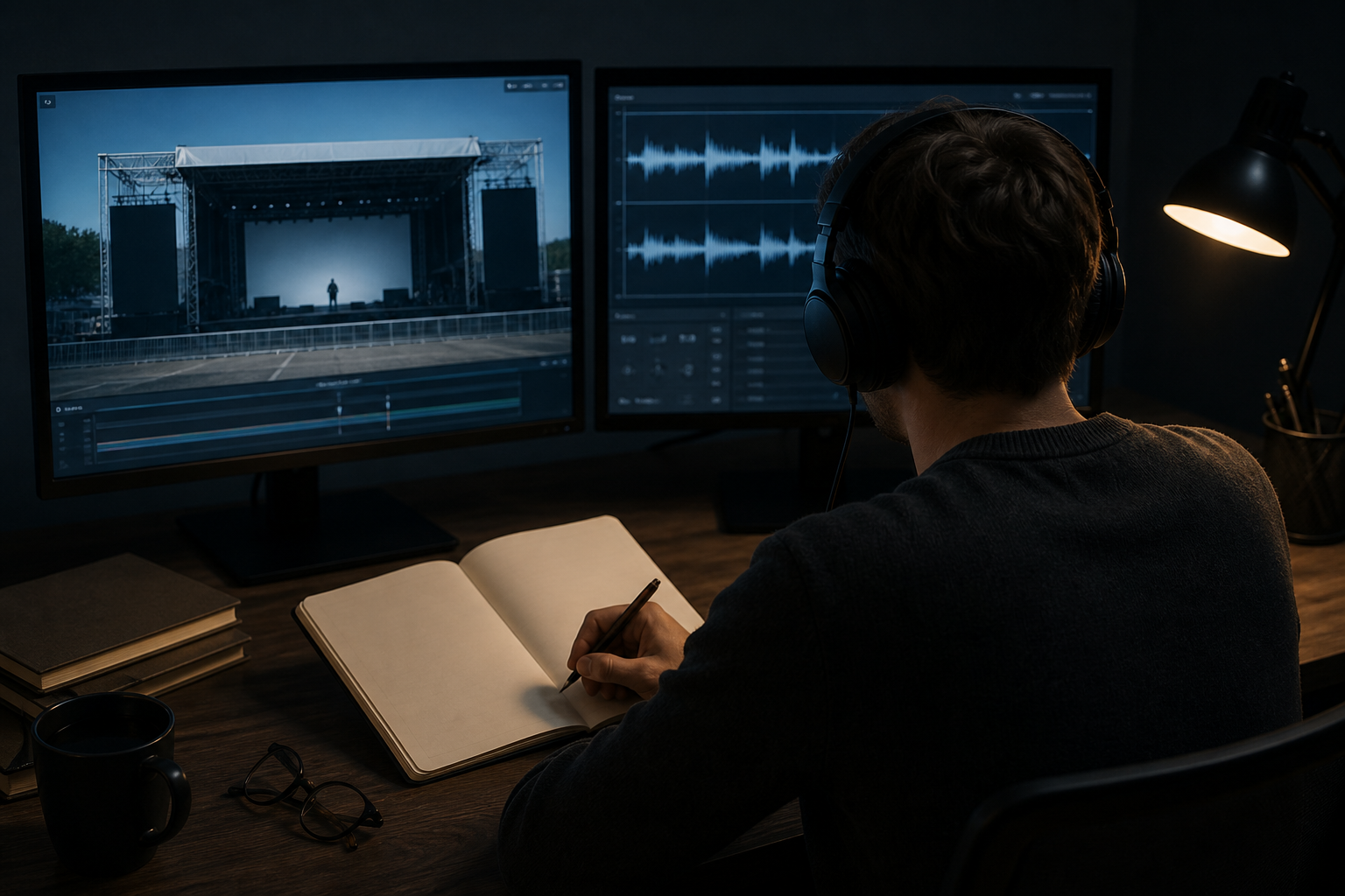 A researcher wearing headphones reviews stage footage and audio waveforms at a desk while taking notes on blank paper.