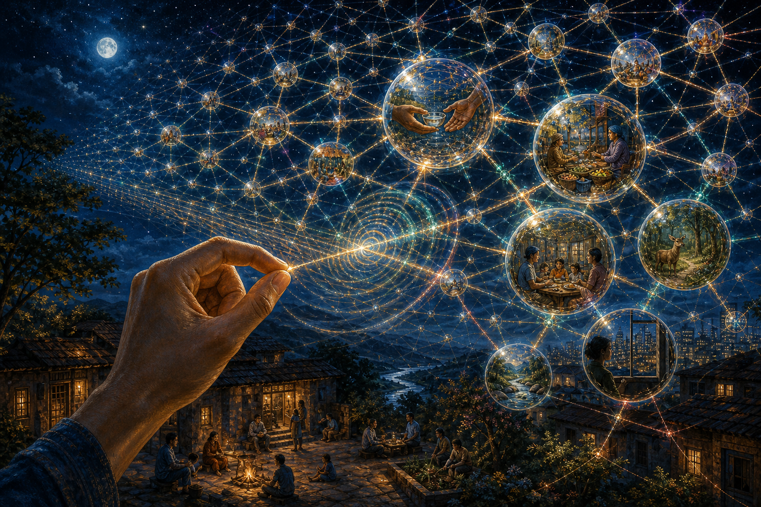 A luminous net filled with reflective jewels links scenes of people, animals, a river, and a city as one hand adjusts a thread in the foreground.