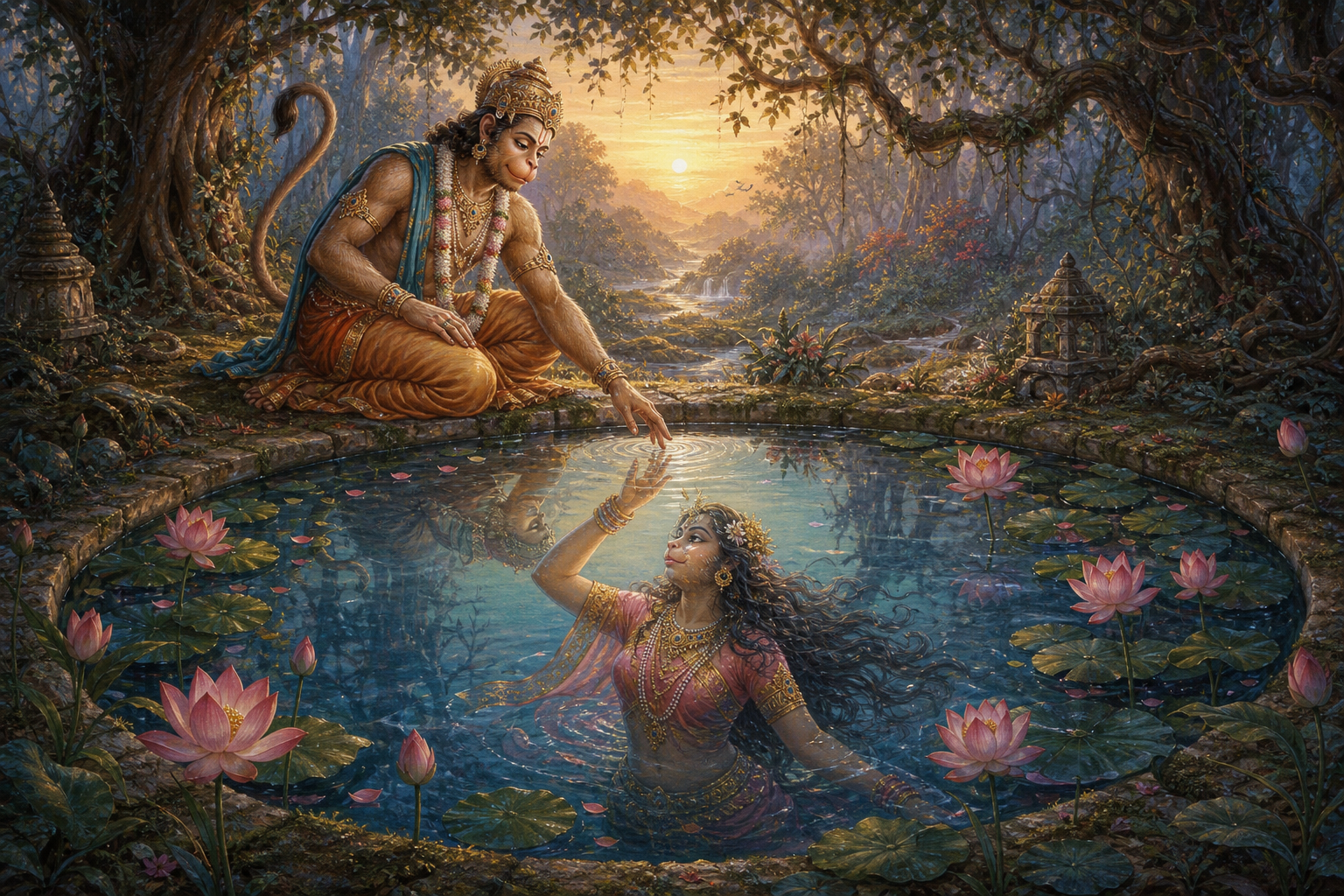 Riksharaja stands beside a lotus pond in an ancient forest, with masculine and feminine aspects of the same figure joined through the water's reflection.
